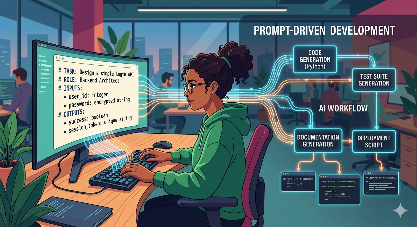 Person writing structured prompts connected to AI workflows, illustrating prompt driven development