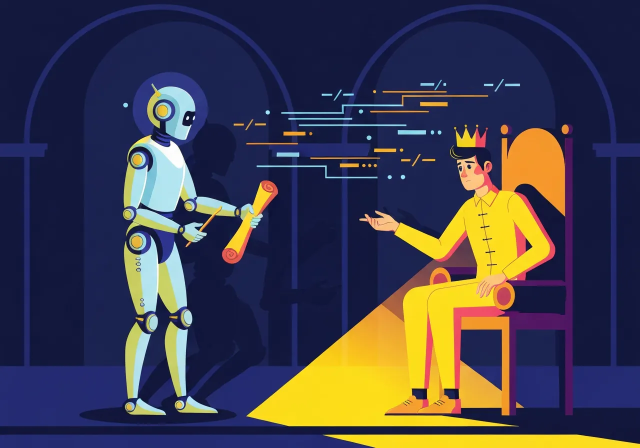 Should you learn to code with AI illustration showing prince and robot assistant with code