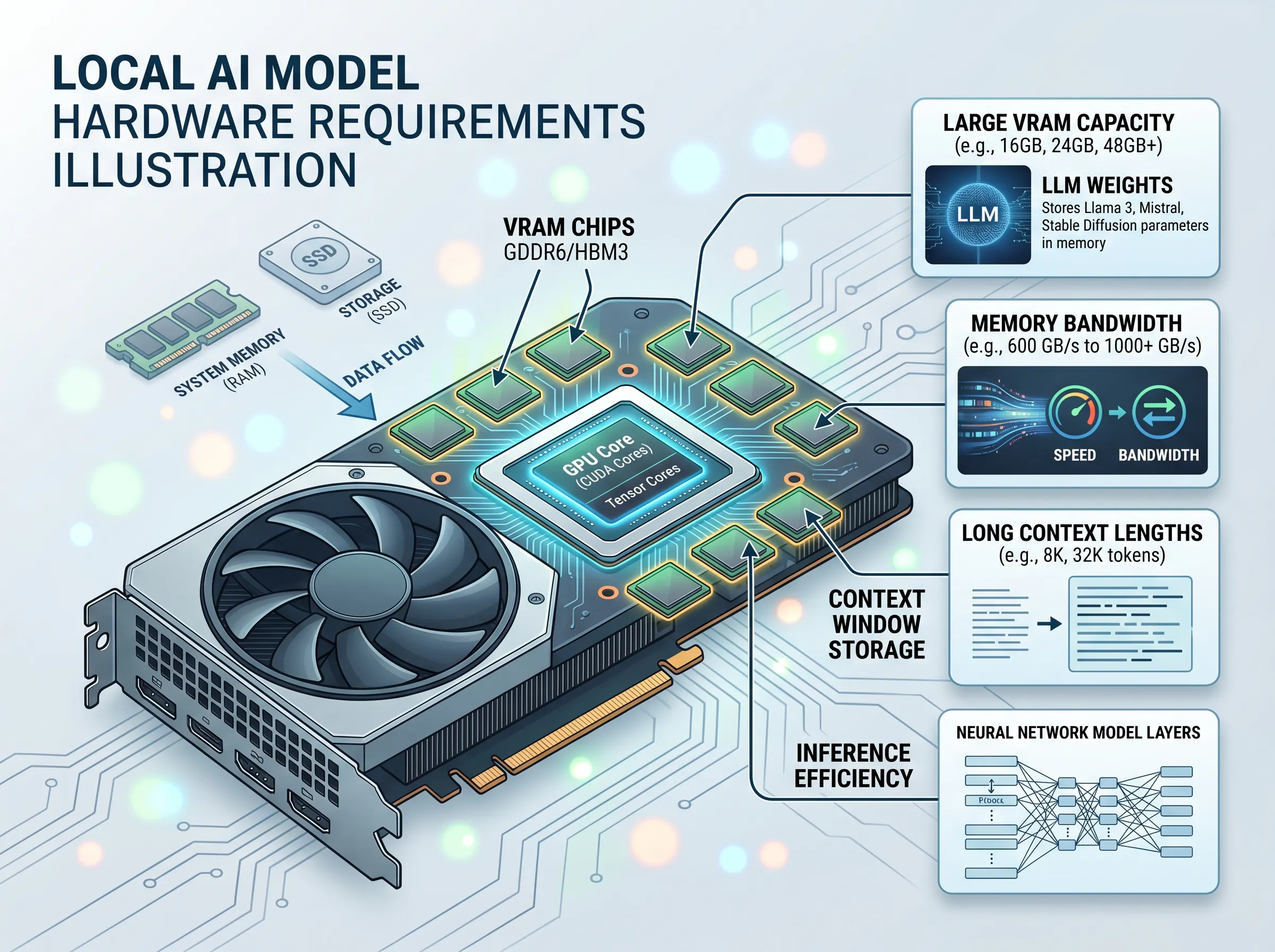 GPU graphics card with VRAM chips illustrating local AI model hardware requirements