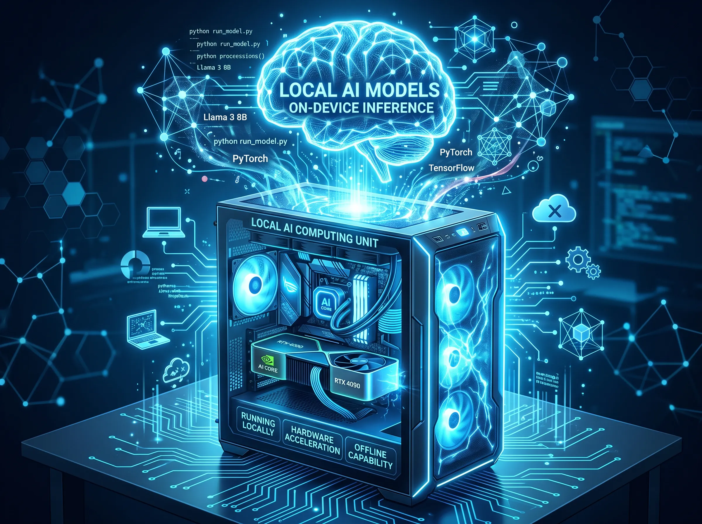 A glowing computer tower representing how to run AI models locally on your own hardware