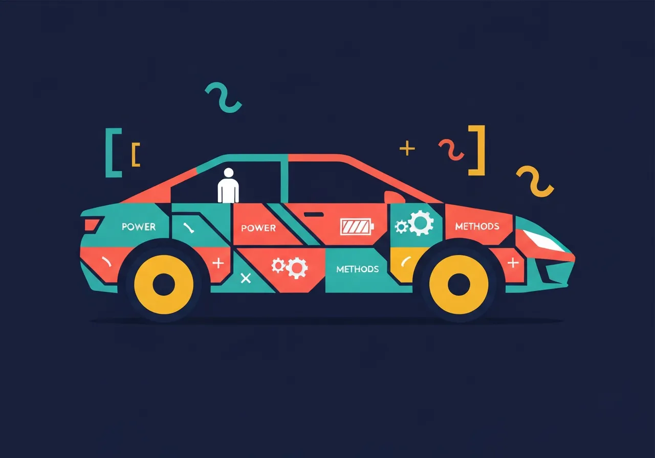 Flat vector cover illustration showing JavaScript Objects and Methods as a modular car
