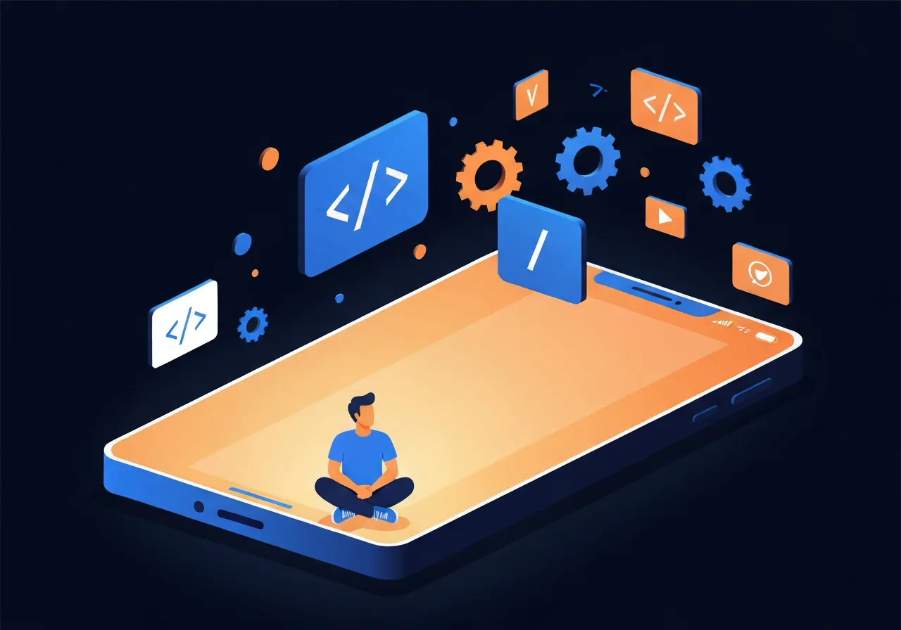 iOS App Development illustrated with a developer building an iPhone app surrounded by Swift symbols