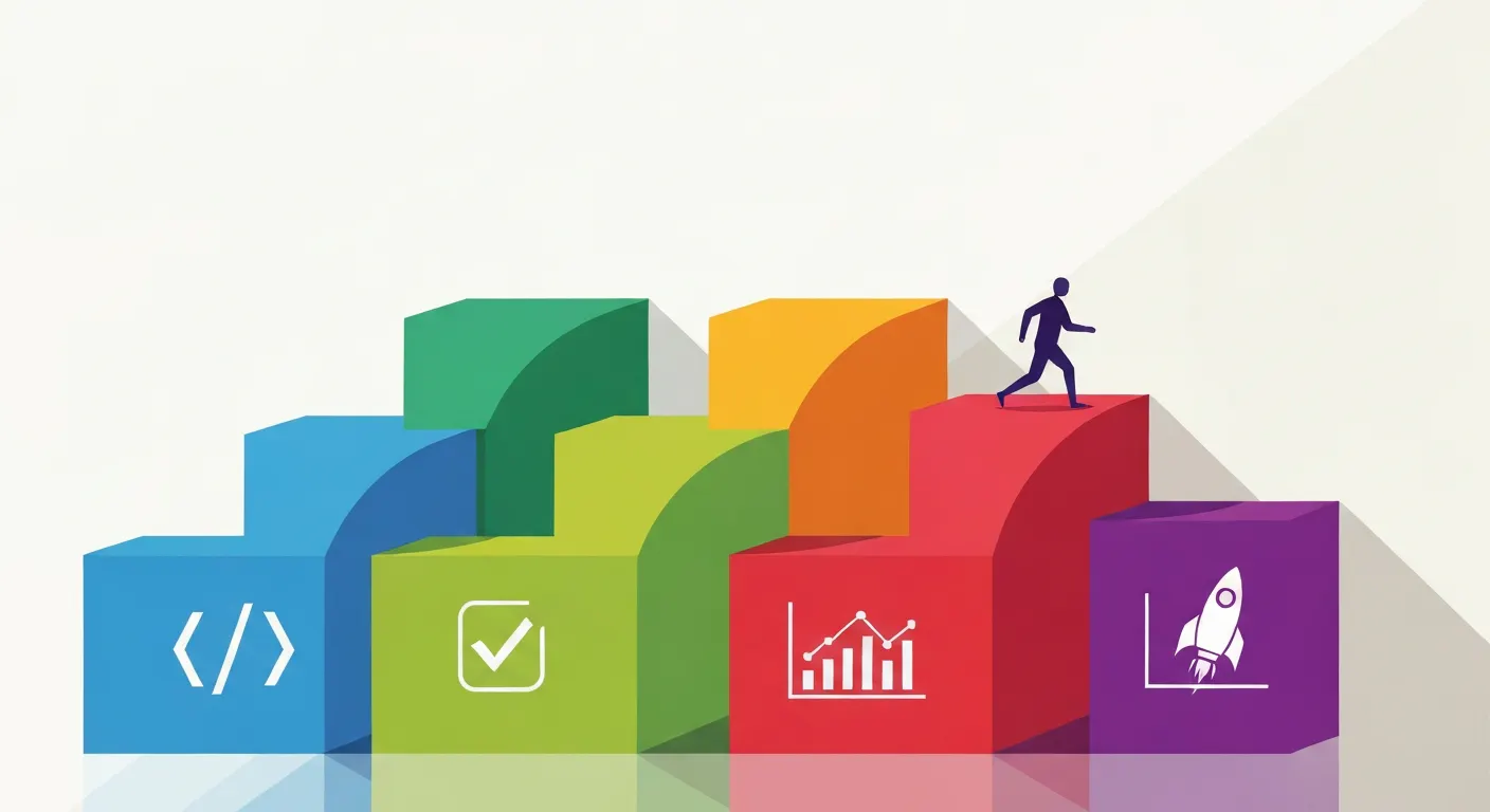 Step by step flat vector staircase illustration showing how to build a DevOps pipeline