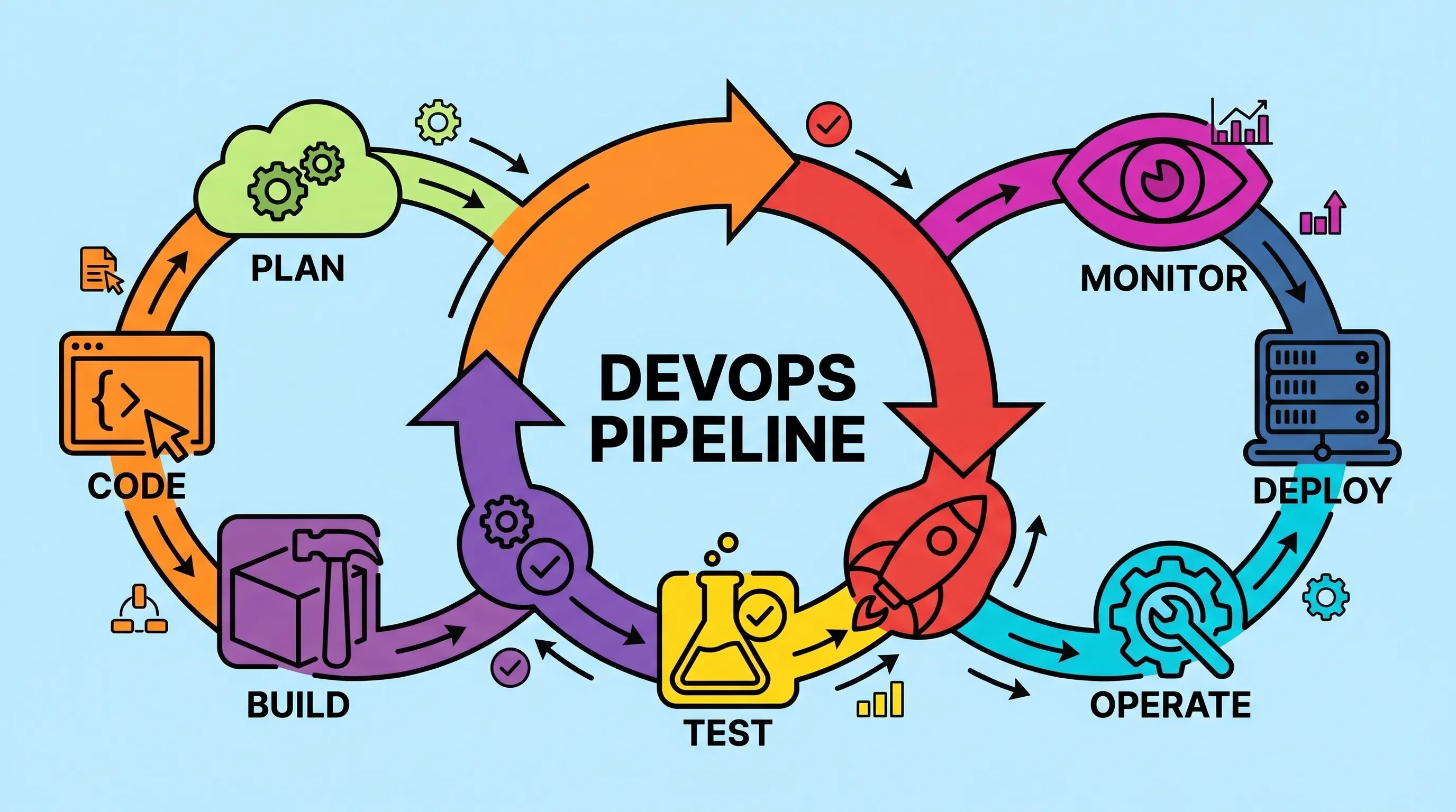 Colorful flat vector illustration of a DevOps pipeline workflow with connected stages