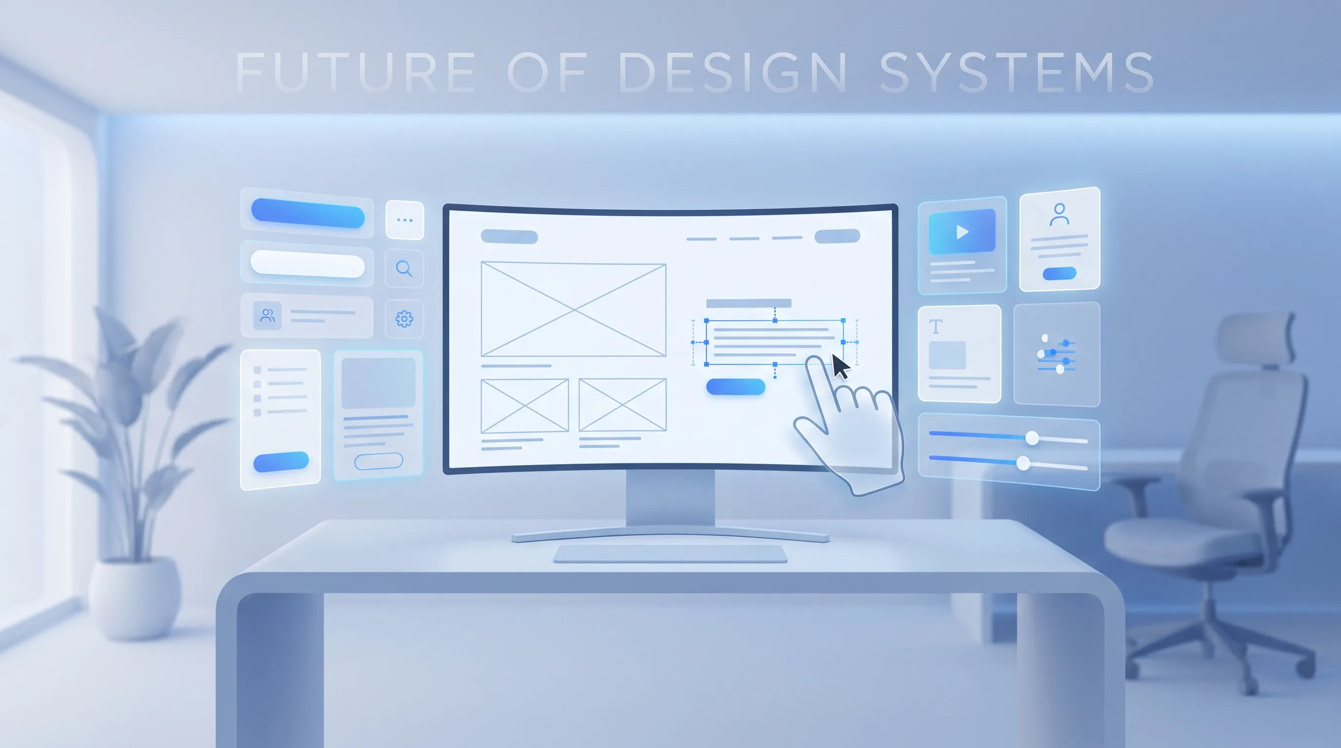 Illustration of a UI designer workspace showing a digital screen with wireframes, floating interface components like buttons and cards, and a cursor adjusting layout, representing how UI design shapes digital apps.