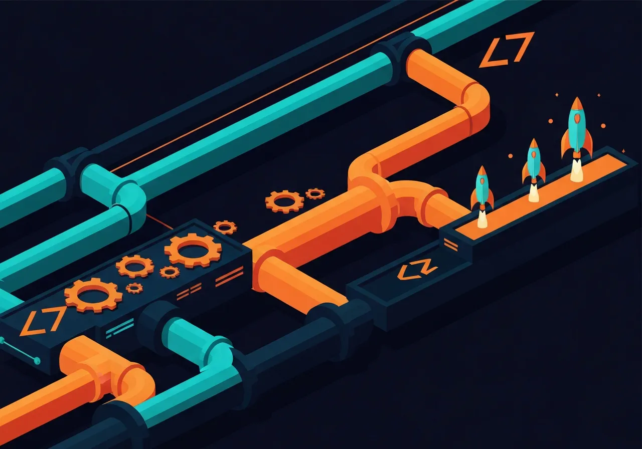 Flat vector illustration of CI server tools pipeline with connected automation segments and rockets