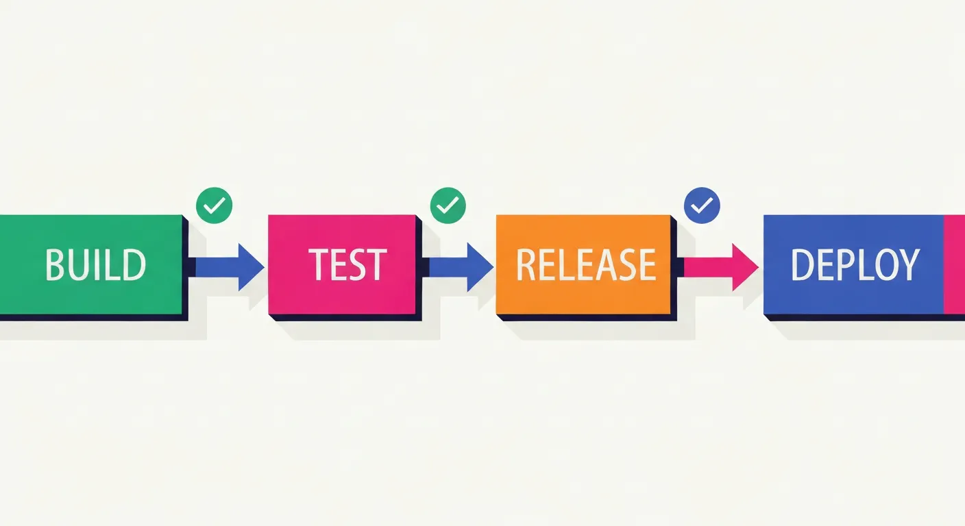CI/CD pipeline stages illustrated as connected geometric blocks for DevOps workflow