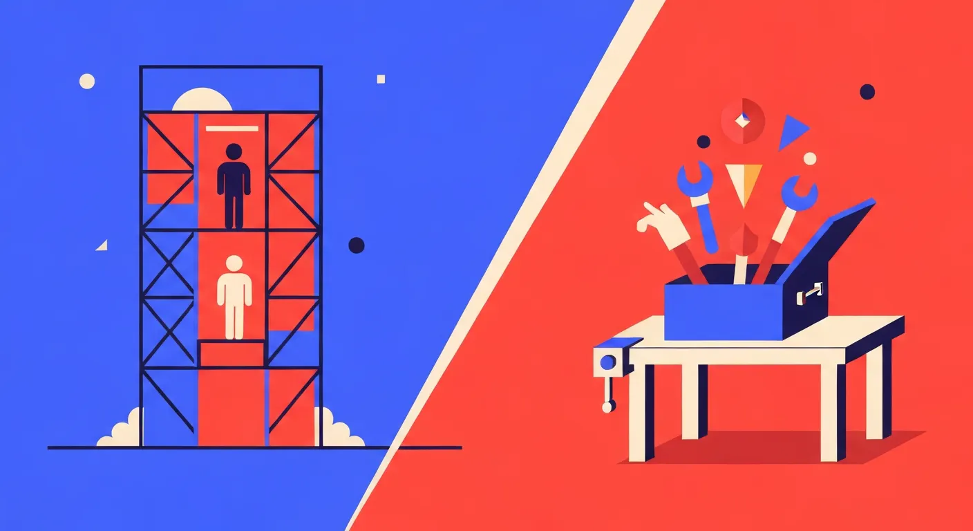 Flat vector illustration showing the difference between a JavaScript framework and a library