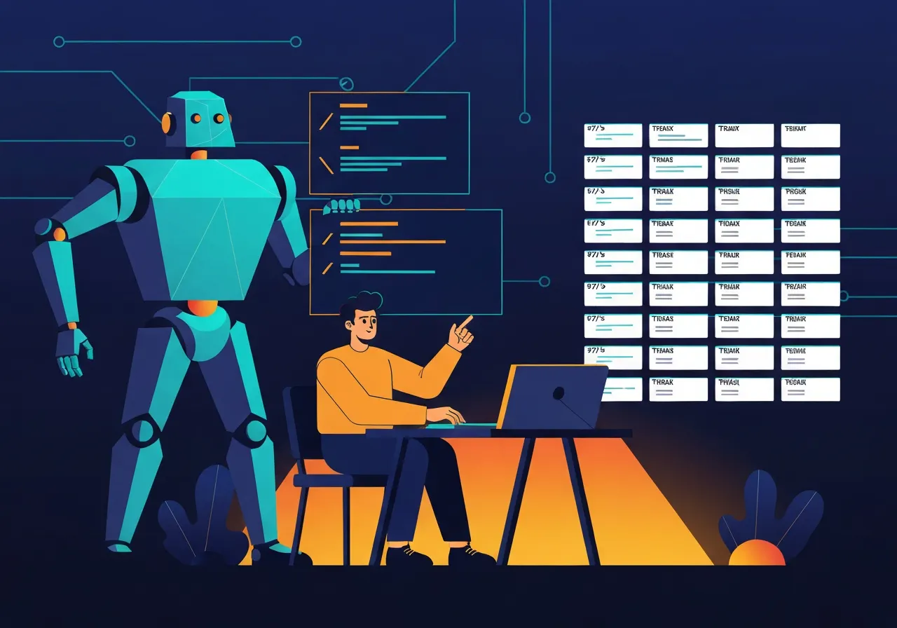 Human developer directing an AI code generator robot at a glowing workstation with sprint task cards