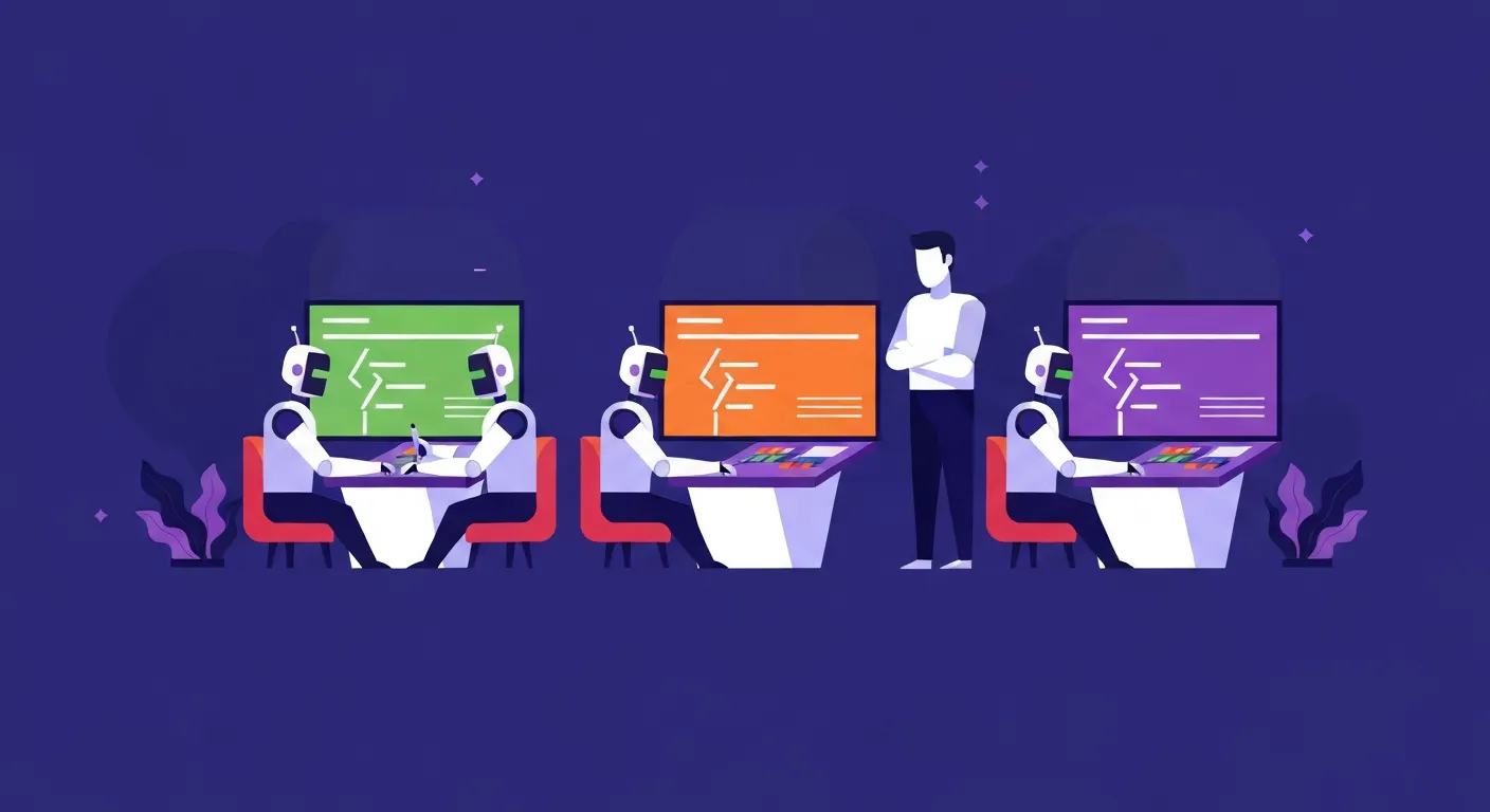 Three AI coding agents working in parallel on code generation tasks under human supervision