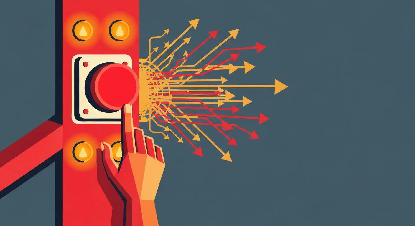 A hand reaching to stop a runaway AI code generator process with warning indicators glowing