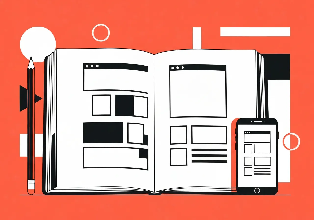 Website wireframes shown as hand-drawn sketches in a sketchbook next to a mobile screen