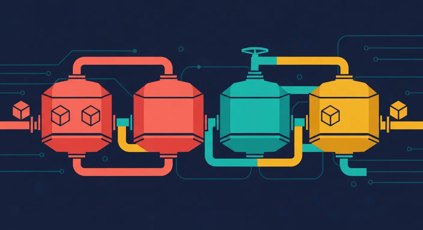 Vector illustration of a CI/CD pipeline setup moving container packages through automated stages