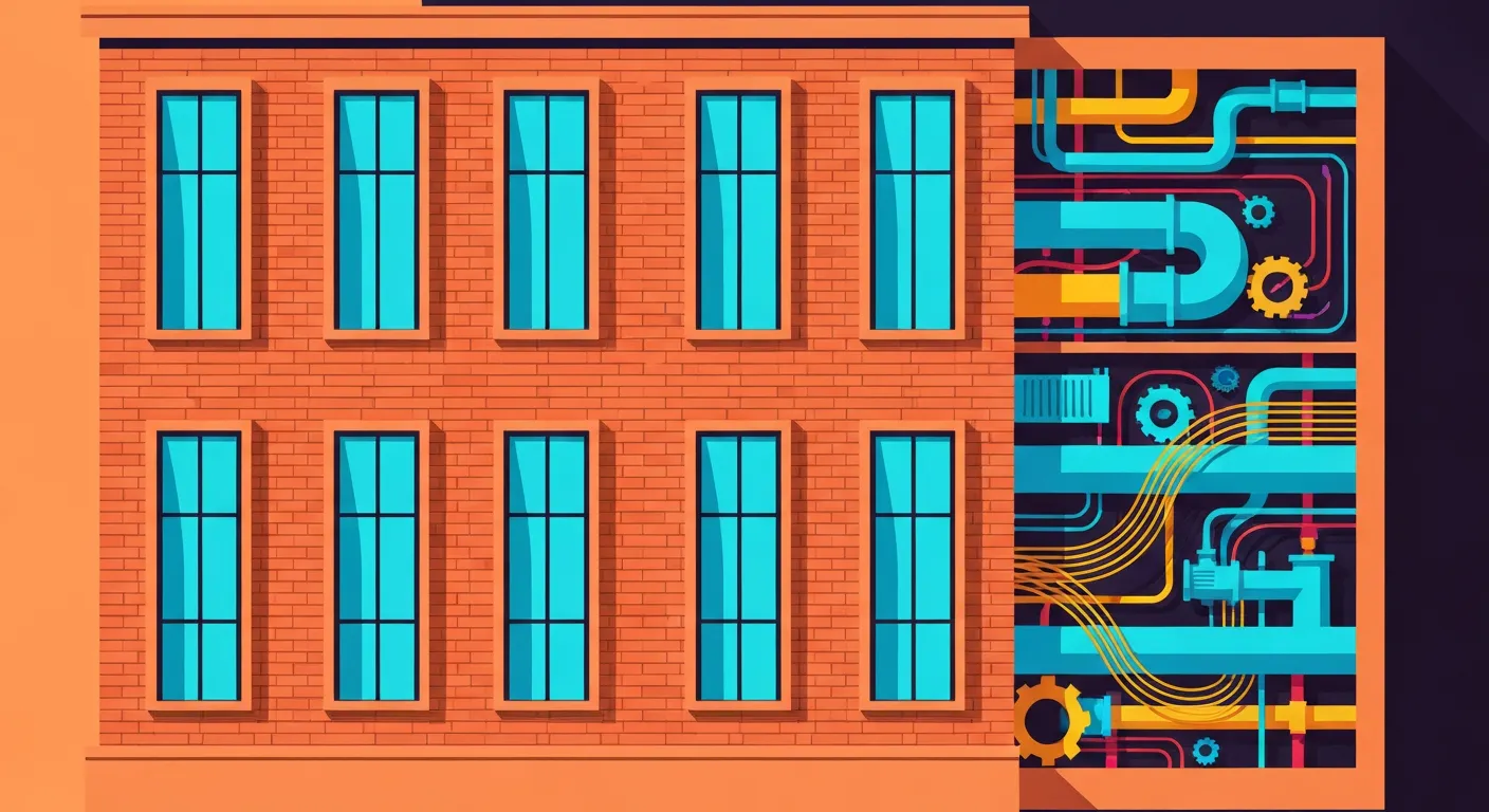 Facade design pattern shown as a clean building front hiding complex internal systems