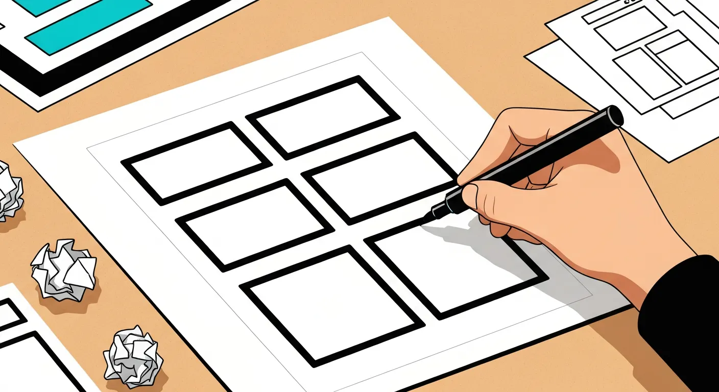 Hand drawing low-fidelity website wireframe layout boxes on paper with a marker