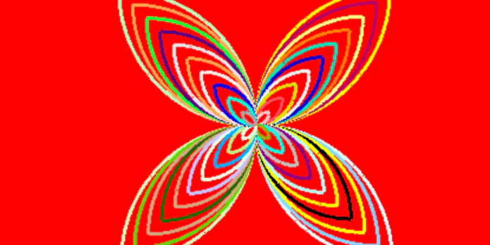 Image d’une fleur à quatre pétales sur fond orange. La fleur est composée de nombreuses lignes multicolores.