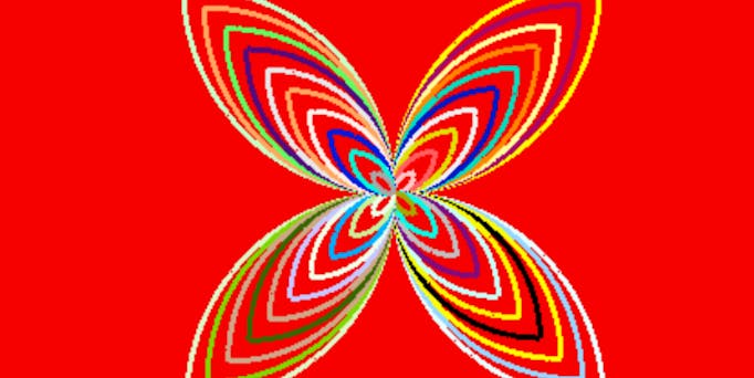 Image of a four petaled flower on an orange background. The flower is made out of many multicoloured lines. 