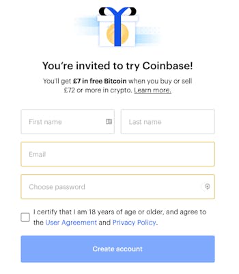 Coinbase sign up form