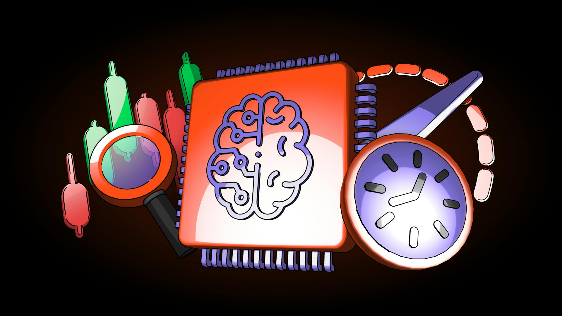 Ilustração de algoritmos de IA a analisar gráficos do mercado de criptomoedas