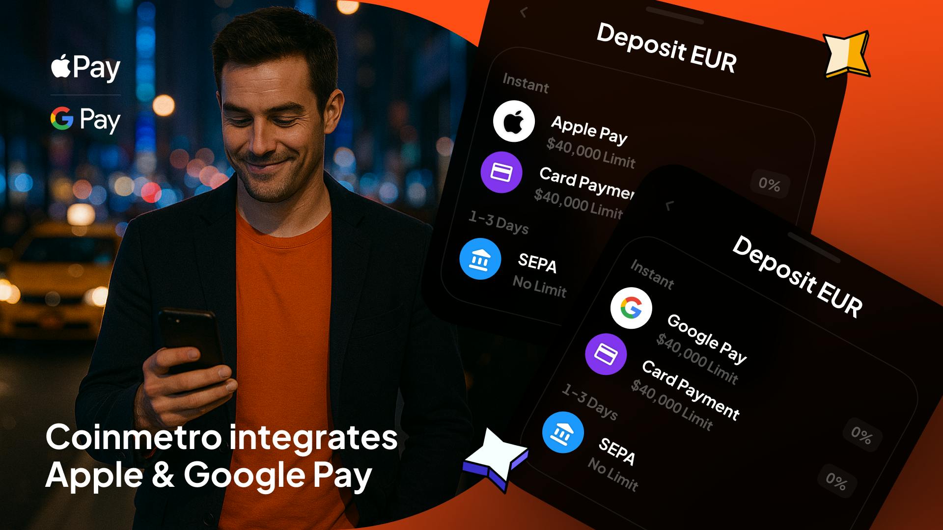 Opções de Apple Pay e Google Pay disponíveis na App Móvel da Coinmetro