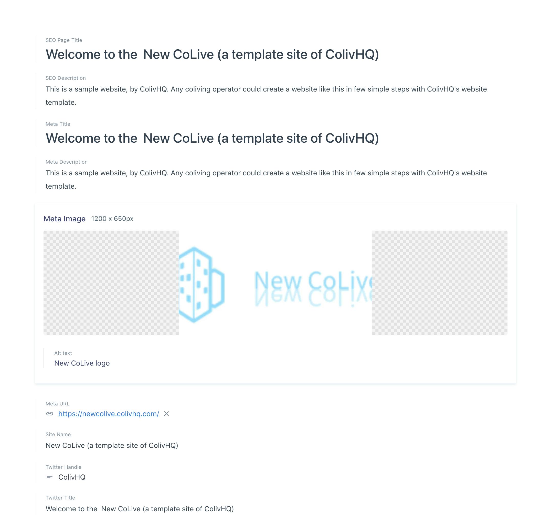 SEO details for the homepage of New CoLive in Prismic