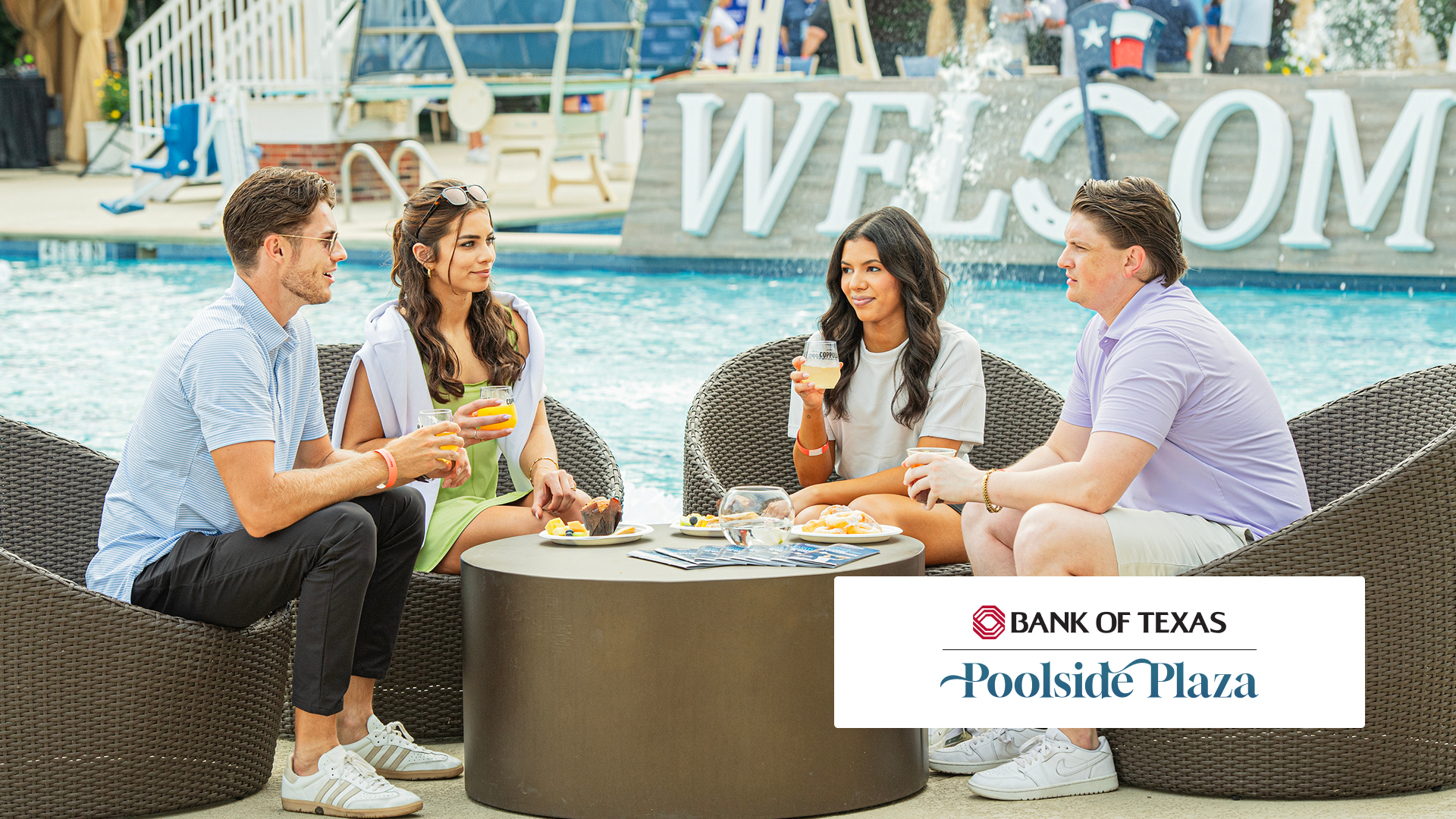 Couples at poolside plaza
