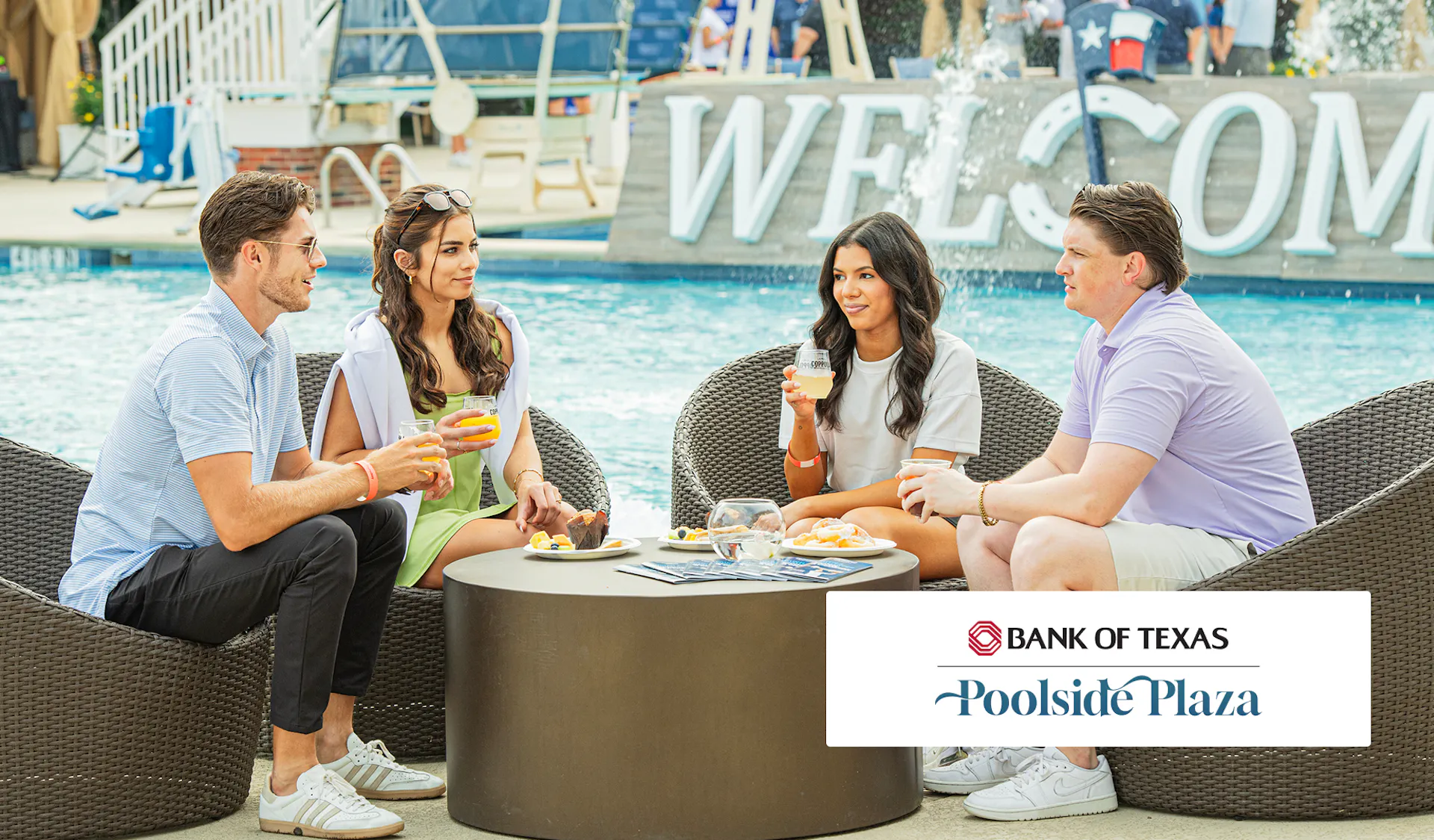 Couples at poolside plaza