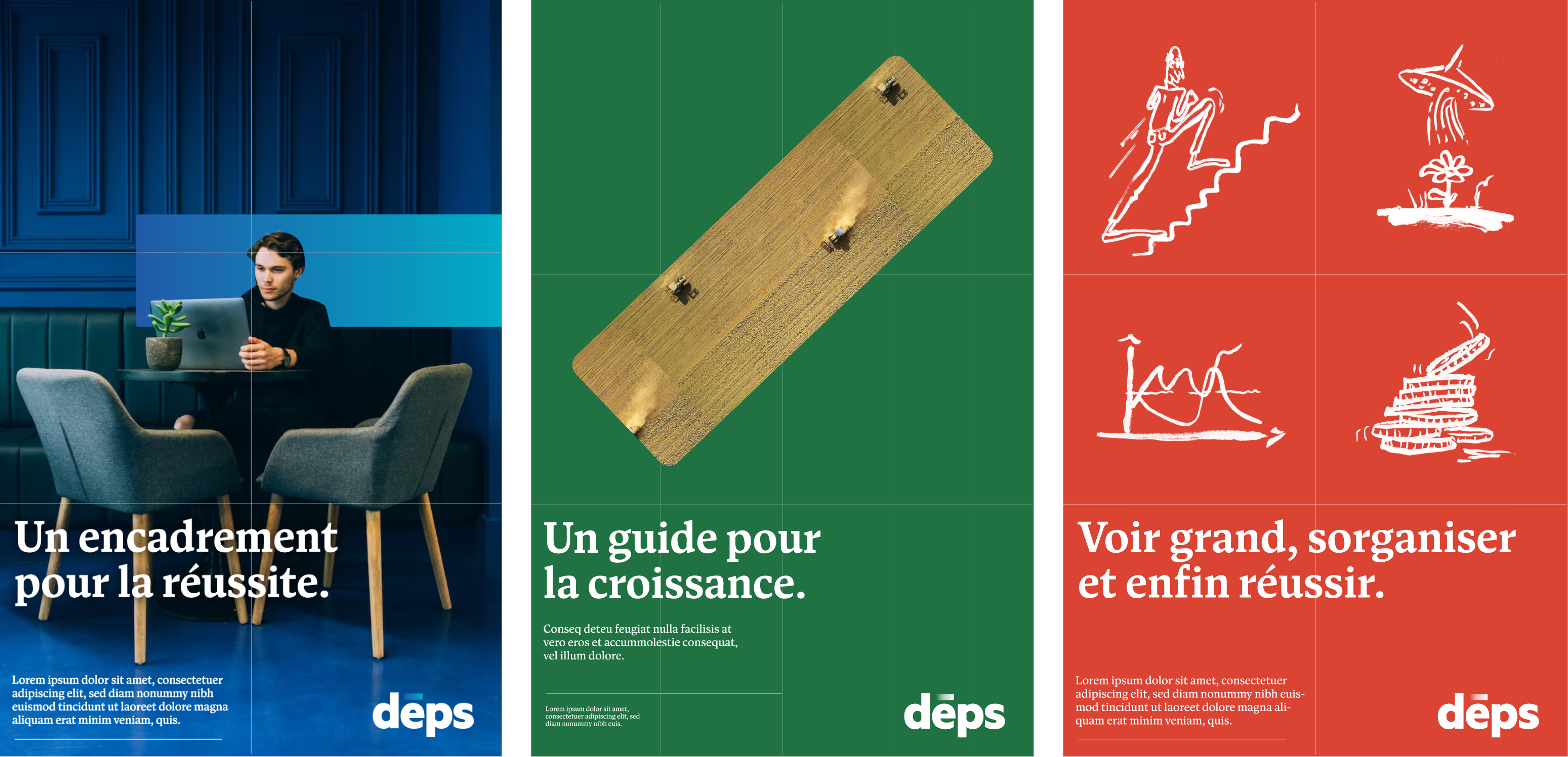 Exemples d'affiches avec des éléments de l'image de marque du Développement économique Pierre-De Saurel (DÉPS)