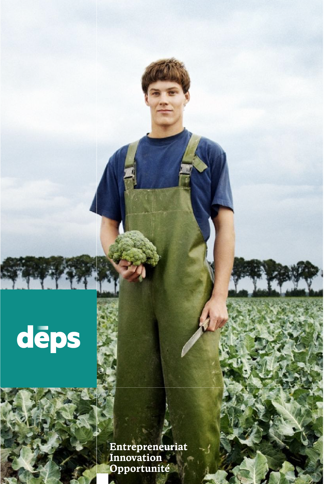 Exemples d'affiches avec des éléments de l'image de marque du Développement économique Pierre-De Saurel (DÉPS) avec un homme devant un champs de brocolis