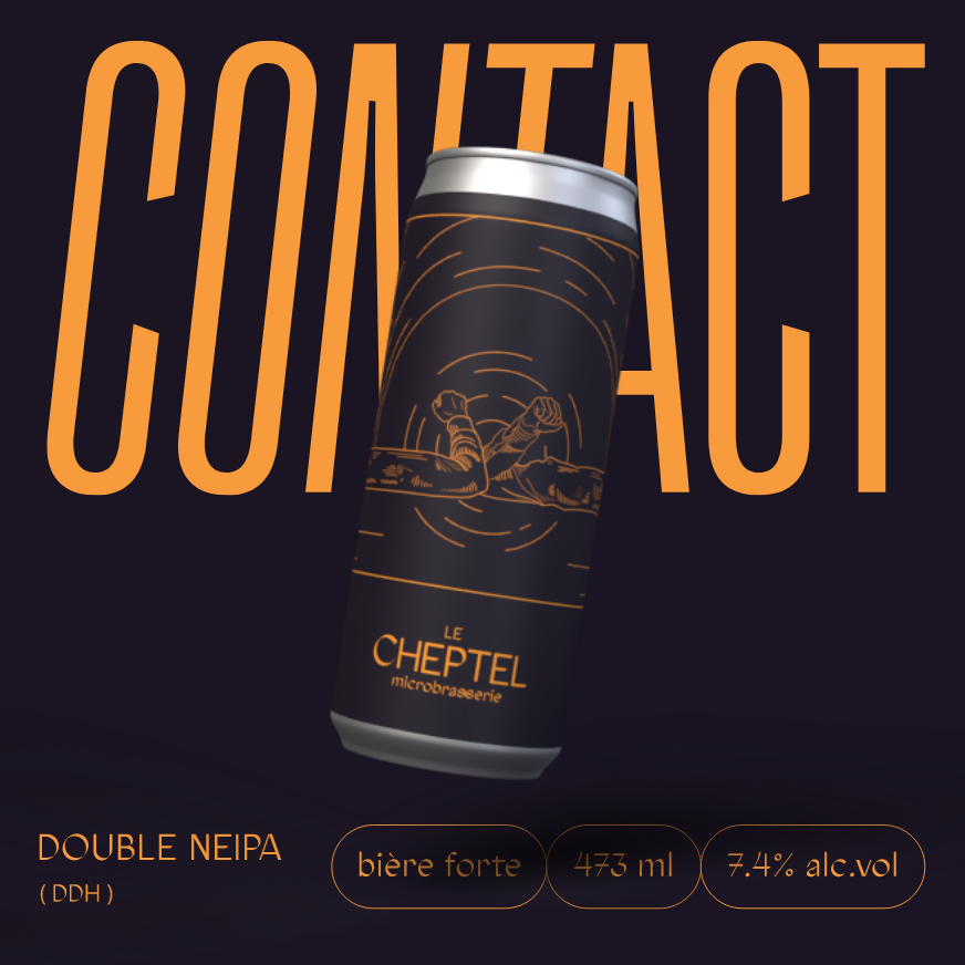 Exemple d'affiche avec canette de bière Contact de la microbrasserie Le Cheptel