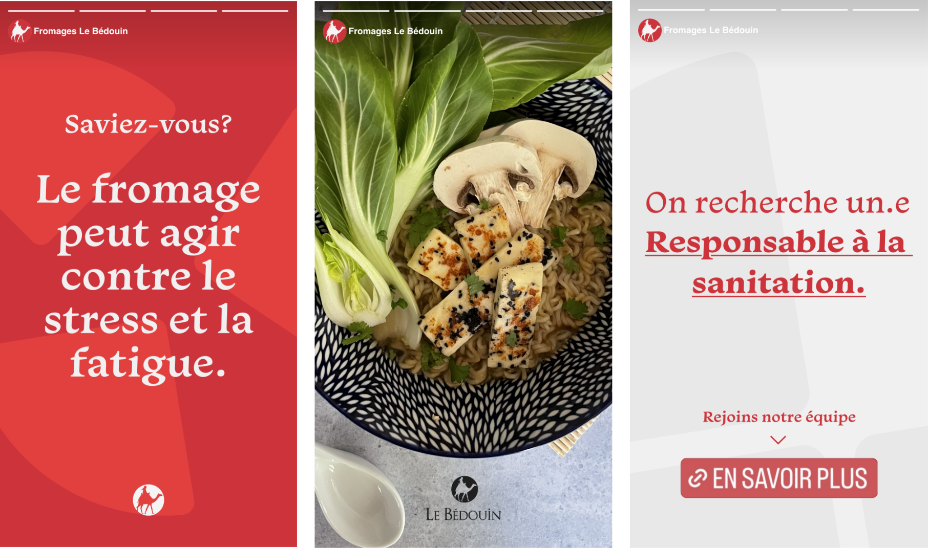 Exemples d'histoires pour les médias sociaux avec des éléments de l'identité visuelle de la fromagerie Le Bédouin