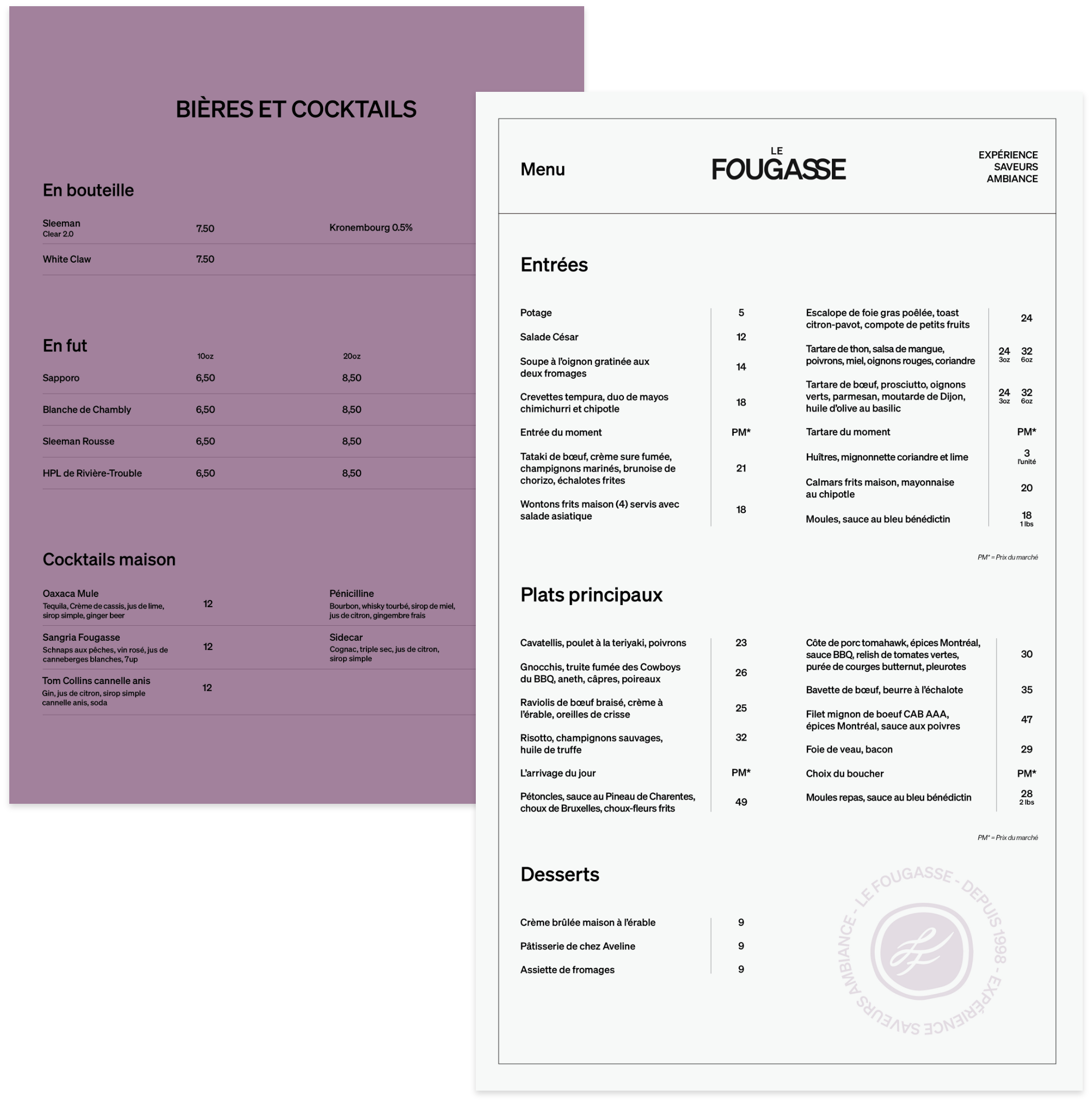 Nouveaux menus avec de l'image de marque du restaurant Le Fougasse