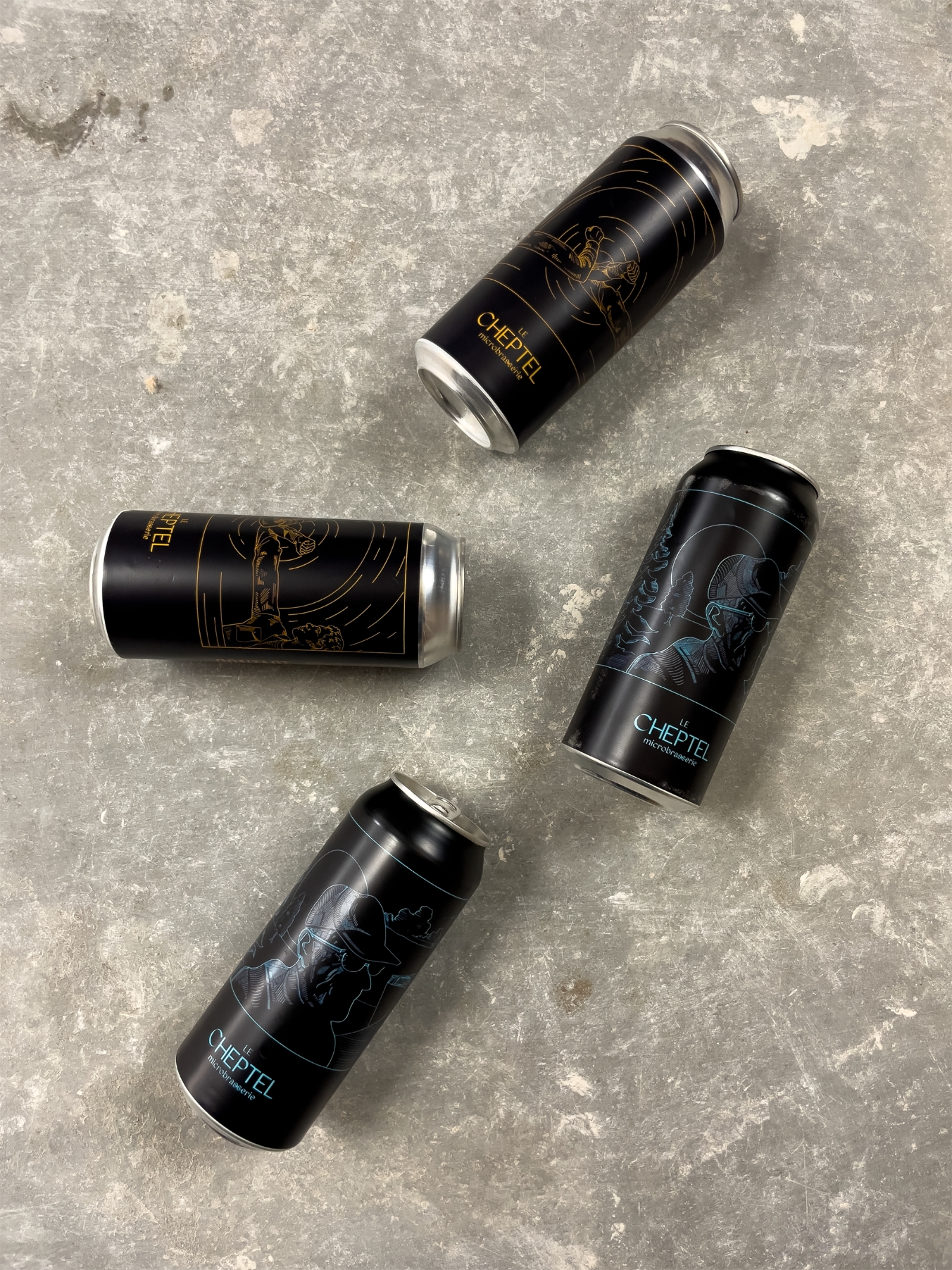 Quatre canettes de bières de la microbrasserie Le Cheptel