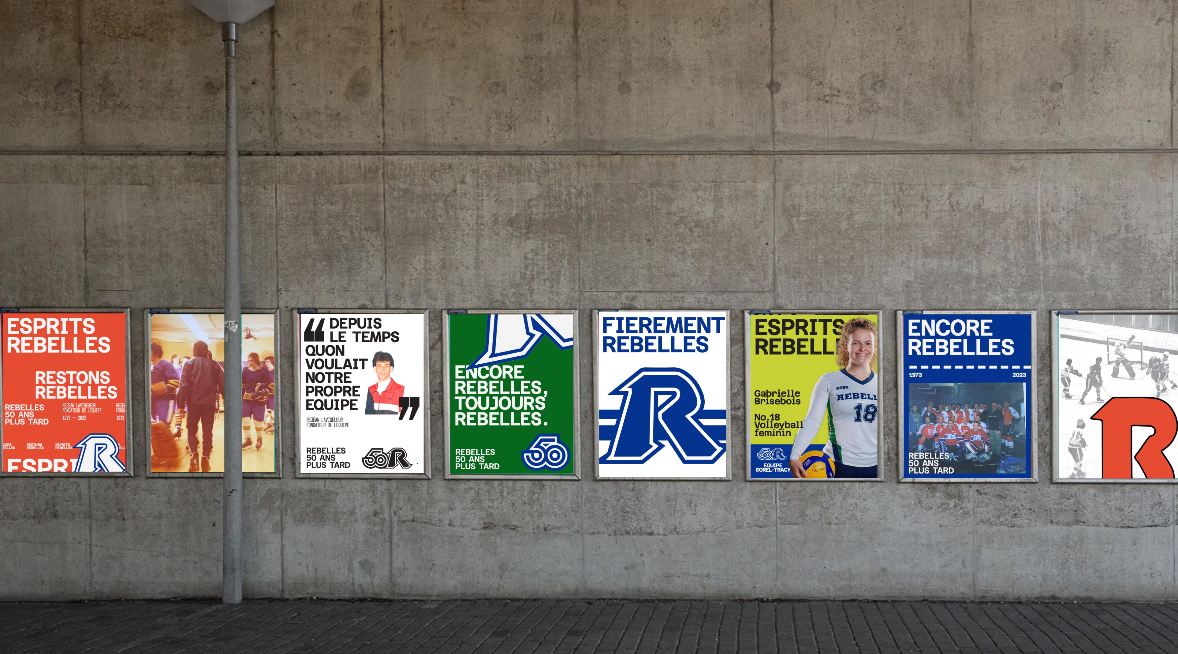 Exemples d'affichage avec l'identité visuelle pour le 50 ans des Rebelles sur un mur de béton