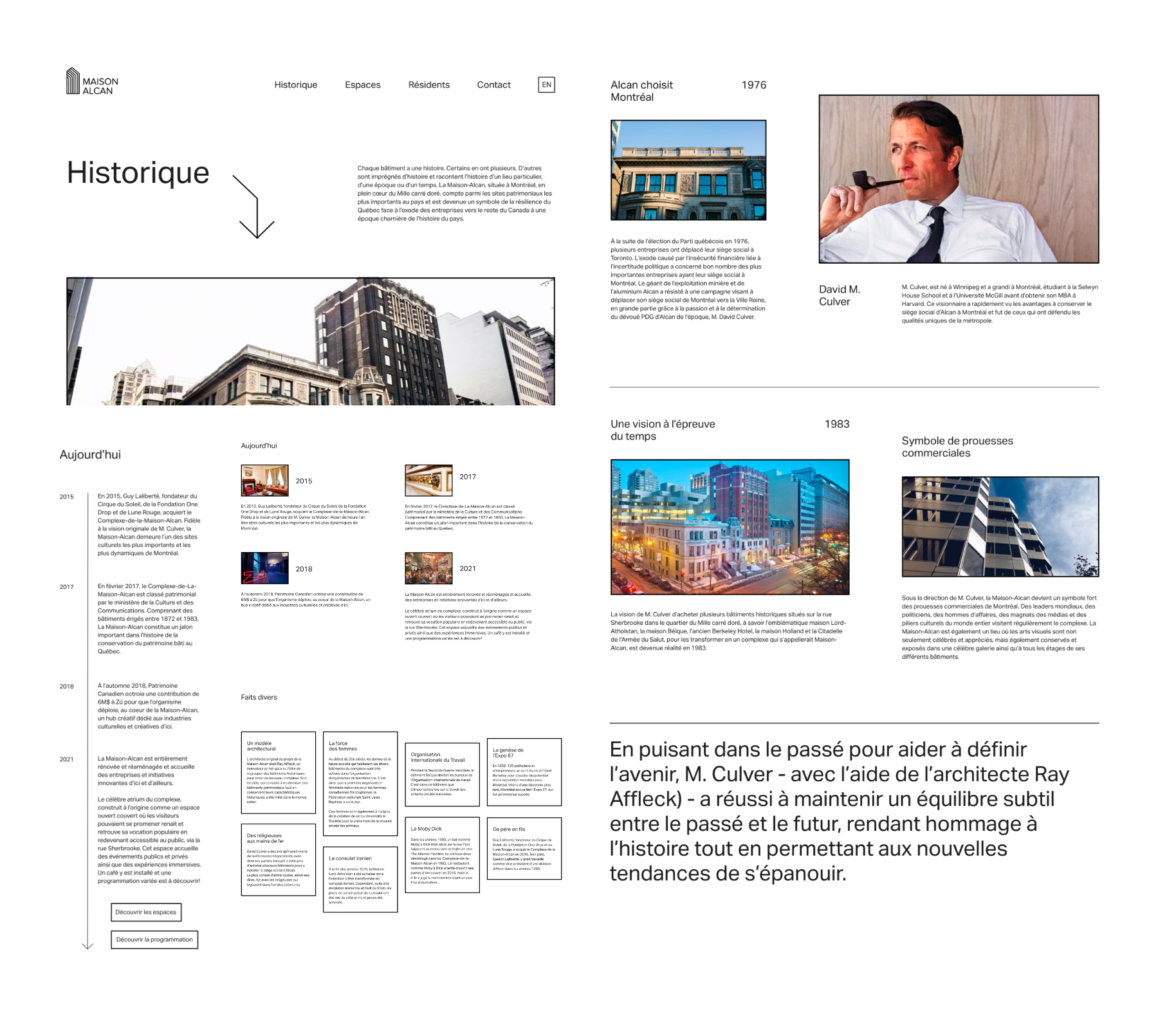 Vue d'ensemble de certaines pages du site web de la Maison Alcan