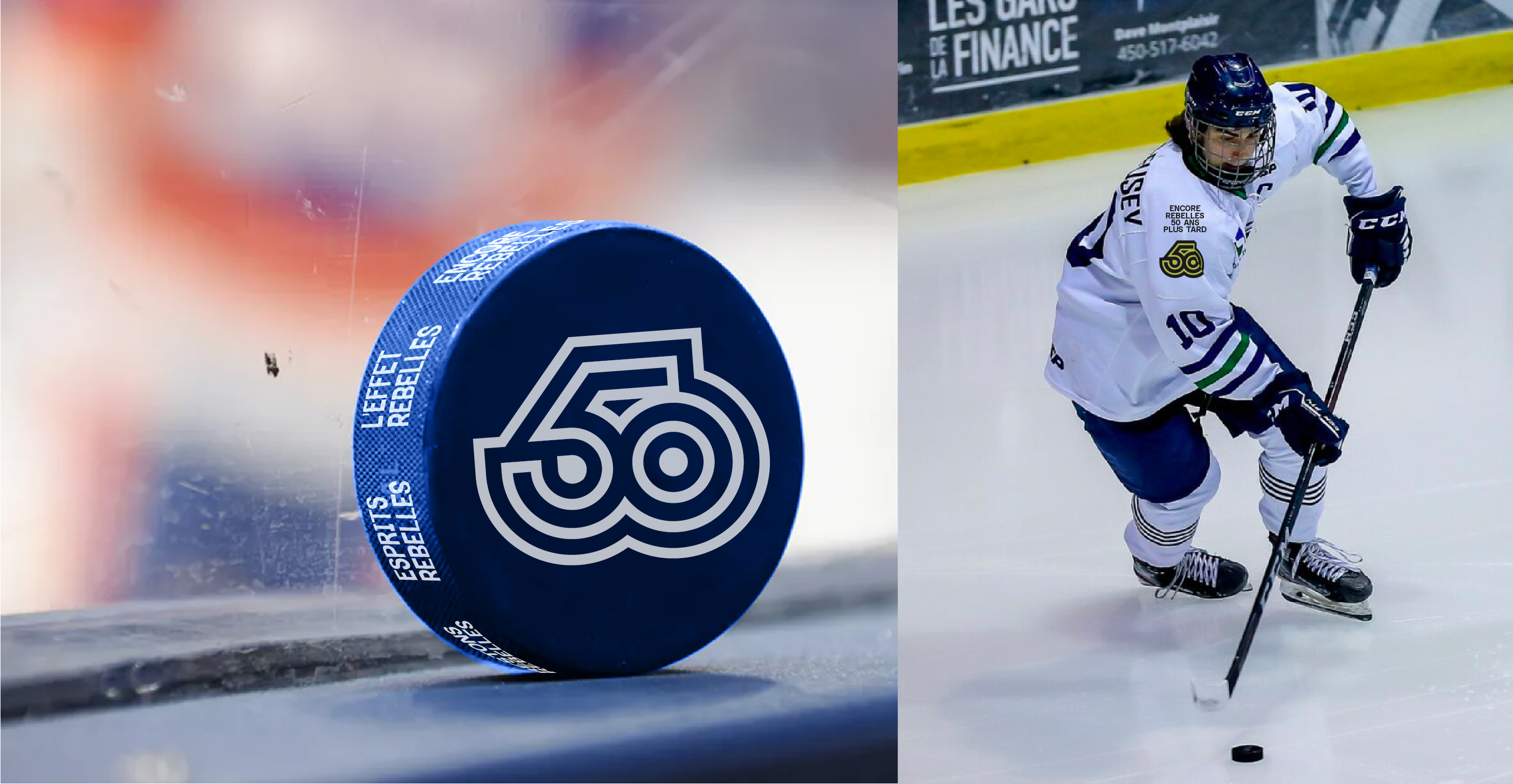 Rondelle de hockey avec le logo des 50 ans des rebelles et joueur d'hockey