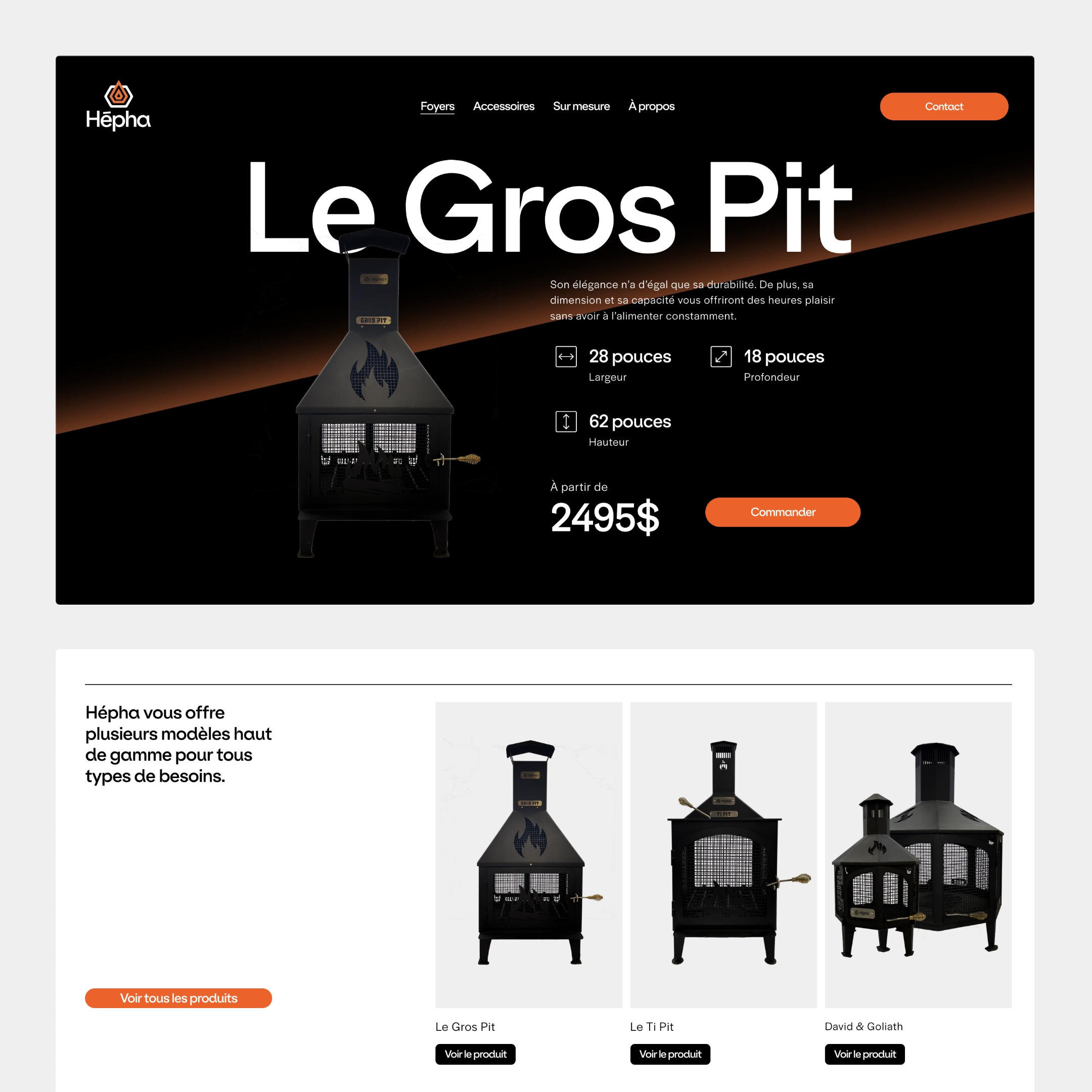 Page du site web de Hépha avec des éléments graphiques de l'image de marque de Hépha et des produits tels que des foyers