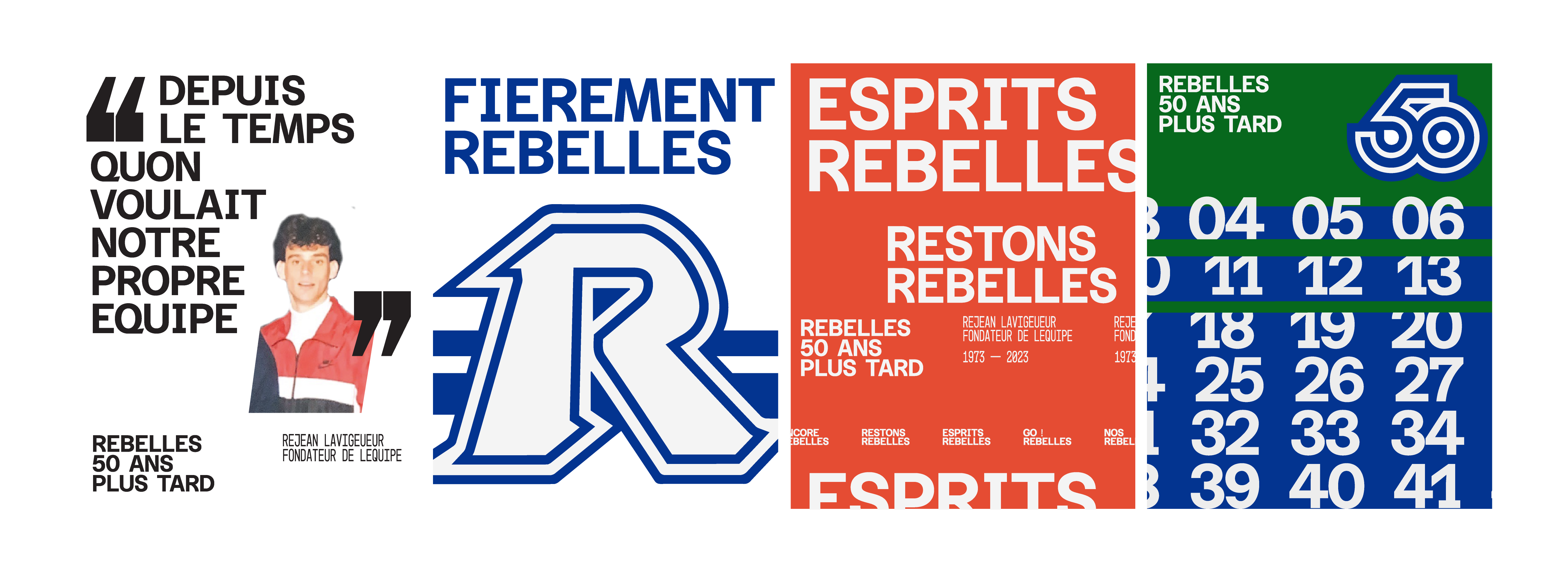 Exemples d'affichage avec l'identité visuelle pour le 50 ans des Rebelles