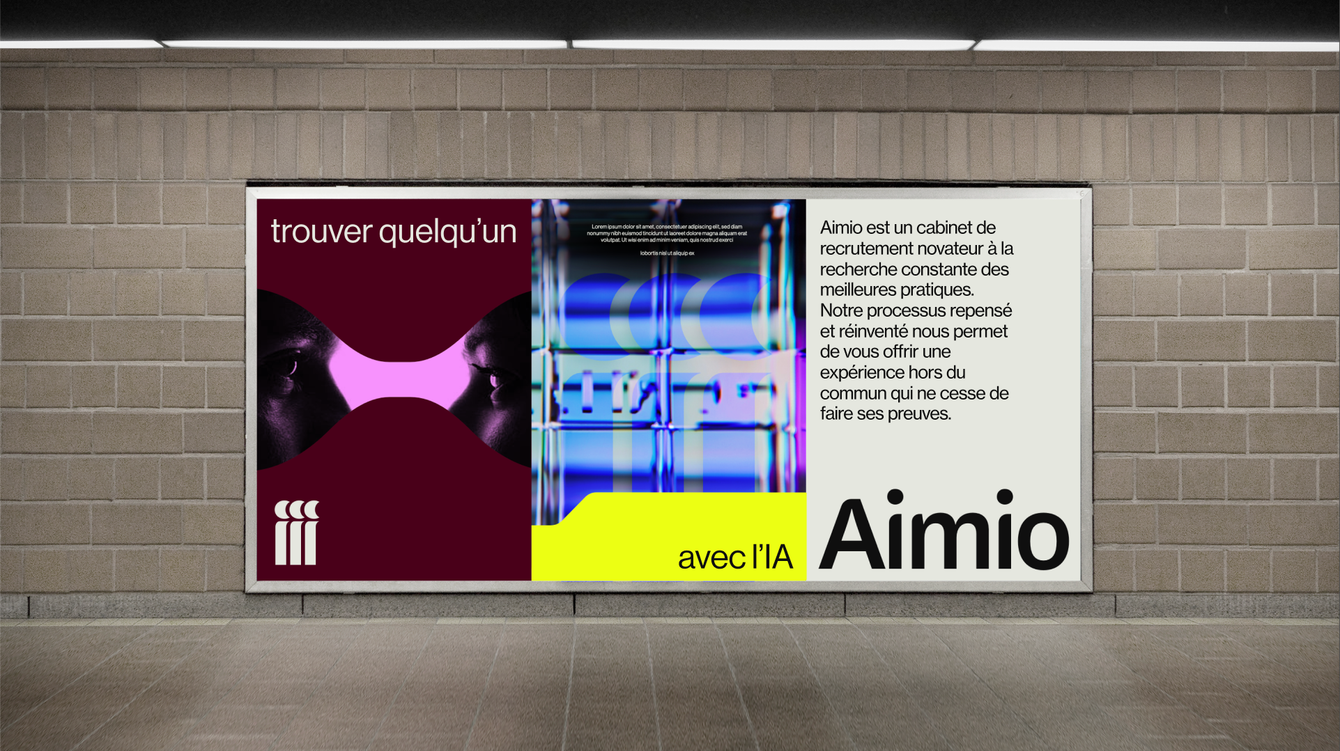 Panneaux publicitaires alignés dans une station, présentant des visuels avec le texte « trouver quelqu’un », des éléments abstraits lumineux, et le logo Aimio. Une section met en avant « avec l’IA » sur un fond jaune, accompagnée d’un texte explicatif.