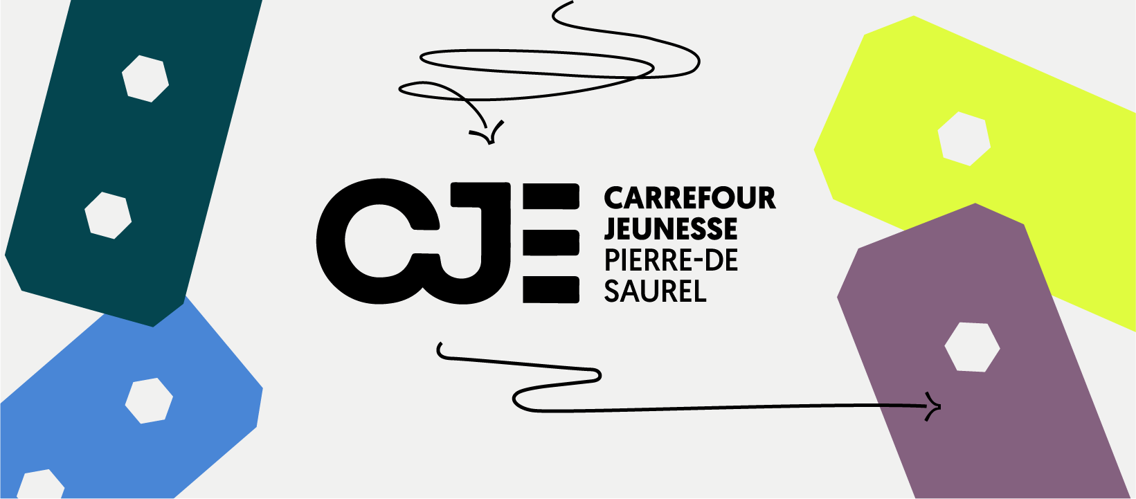 Logo du Carrefour Jeunesse Pierre-De Saurel avec les lettres « CJE » en noir, entouré de formes colorées et de flèches dessinées à la main.