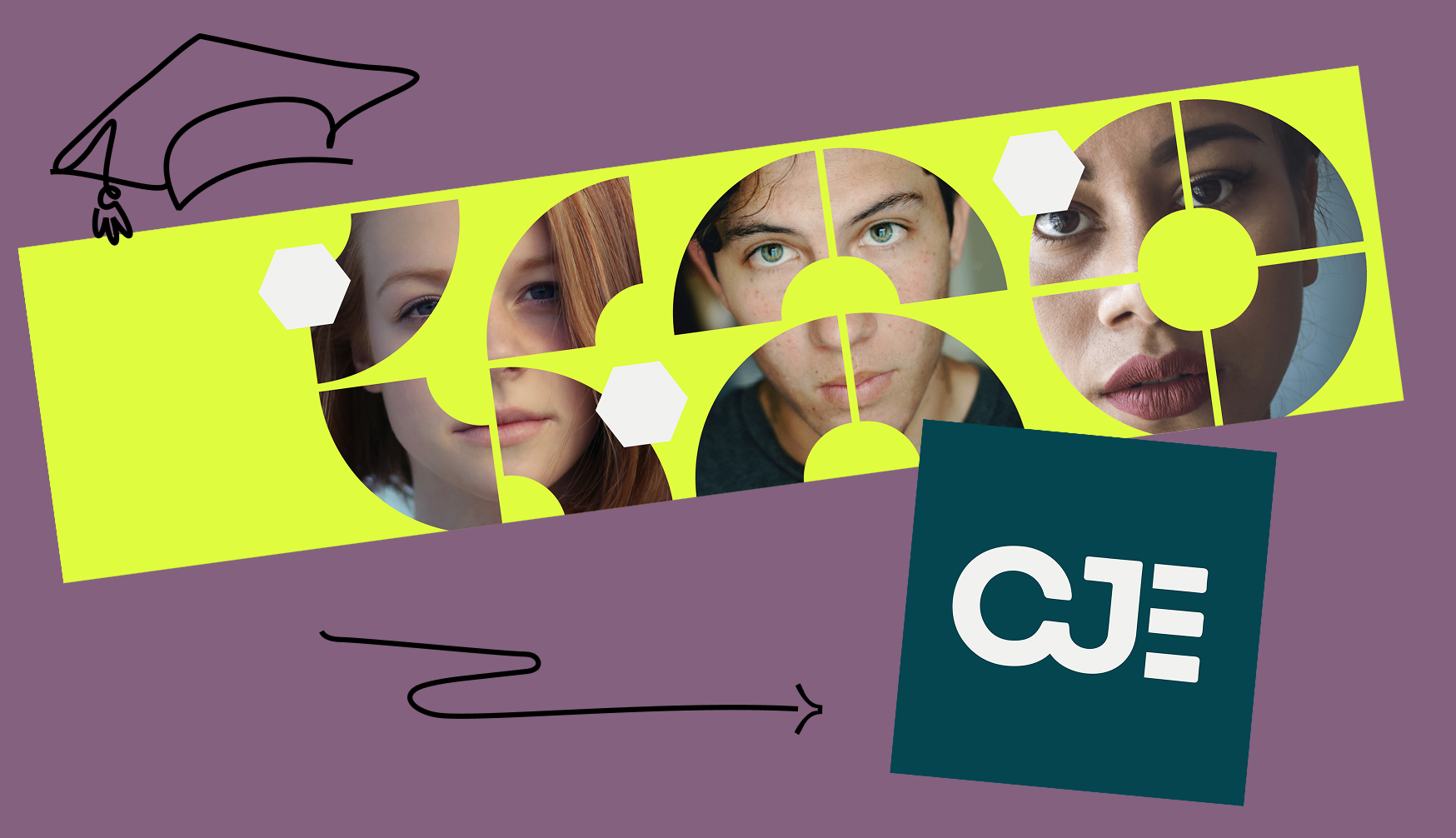 Visuel du Carrefour Jeunesse Pierre-De Saurel avec des portraits fragmentés de trois jeunes sur un fond jaune, accompagné d’un chapeau de diplômé dessiné et du logo « CJE » sur un carré bleu foncé.