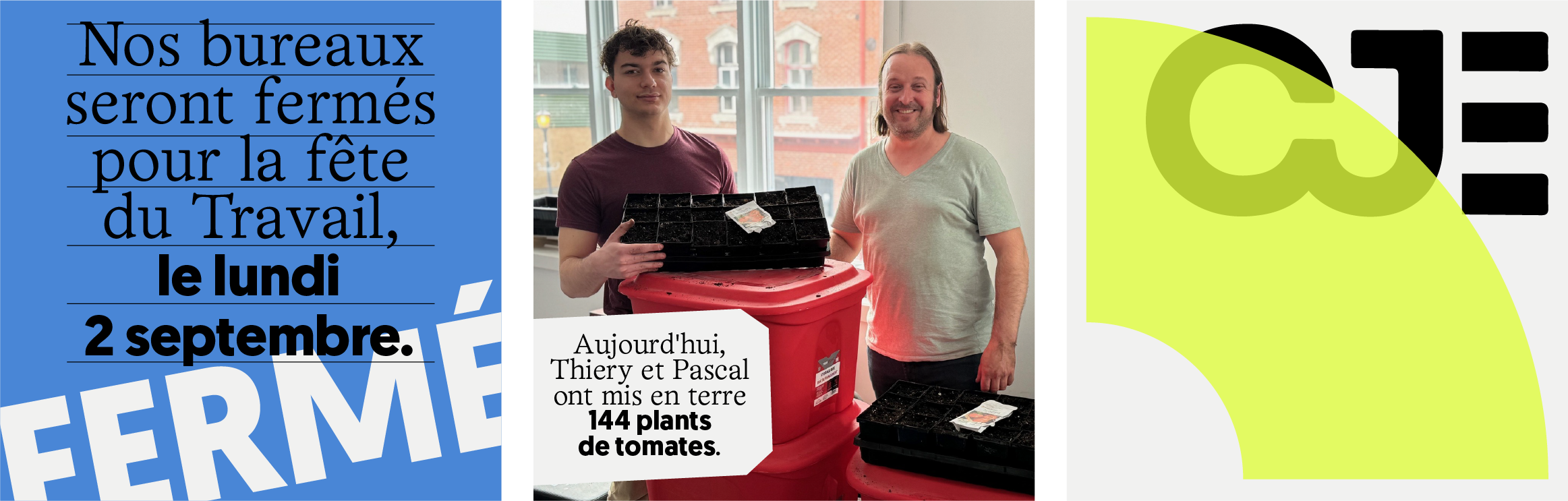 Mosaïque de publications du Carrefour Jeunesse Pierre-De Saurel, incluant des annonces d’événements, des initiatives communautaires et des offres d'emploi, illustrées avec le logo « CJE » et des éléments graphiques colorés.