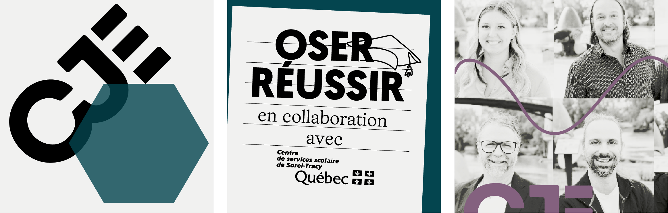 Mosaïque de publications du Carrefour Jeunesse Pierre-De Saurel, incluant des annonces d’événements, des initiatives communautaires et des offres d'emploi, illustrées avec le logo « CJE » et des éléments graphiques colorés.
