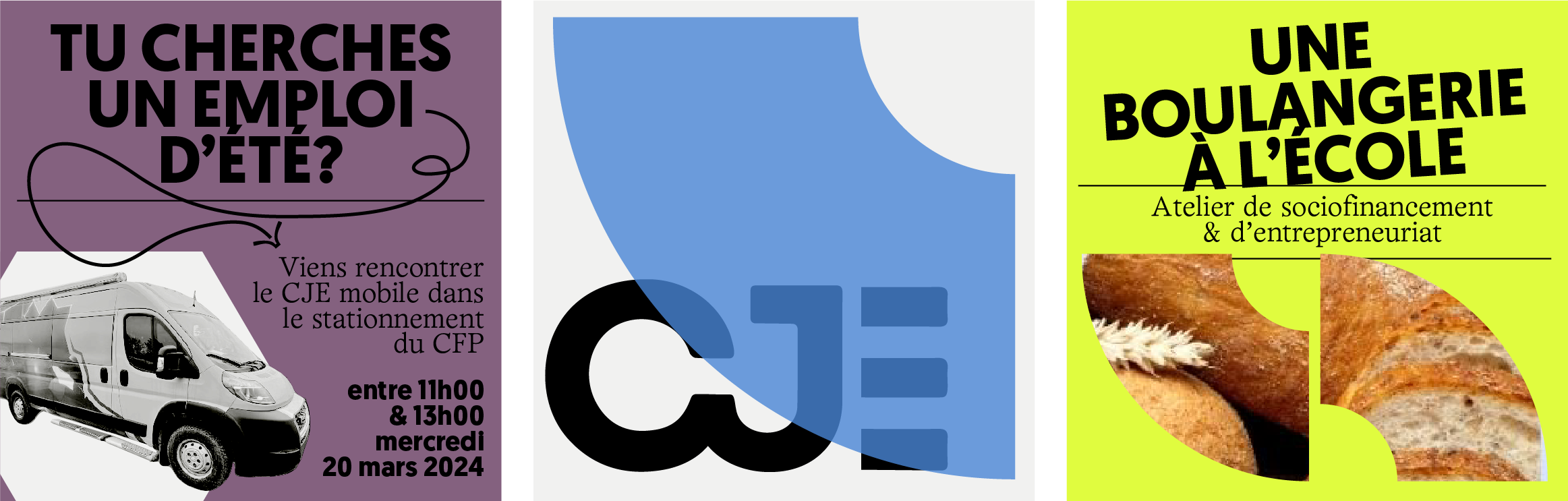 Mosaïque de publications du Carrefour Jeunesse Pierre-De Saurel, incluant des annonces d’événements, des initiatives communautaires et des offres d'emploi, illustrées avec le logo « CJE » et des éléments graphiques colorés.