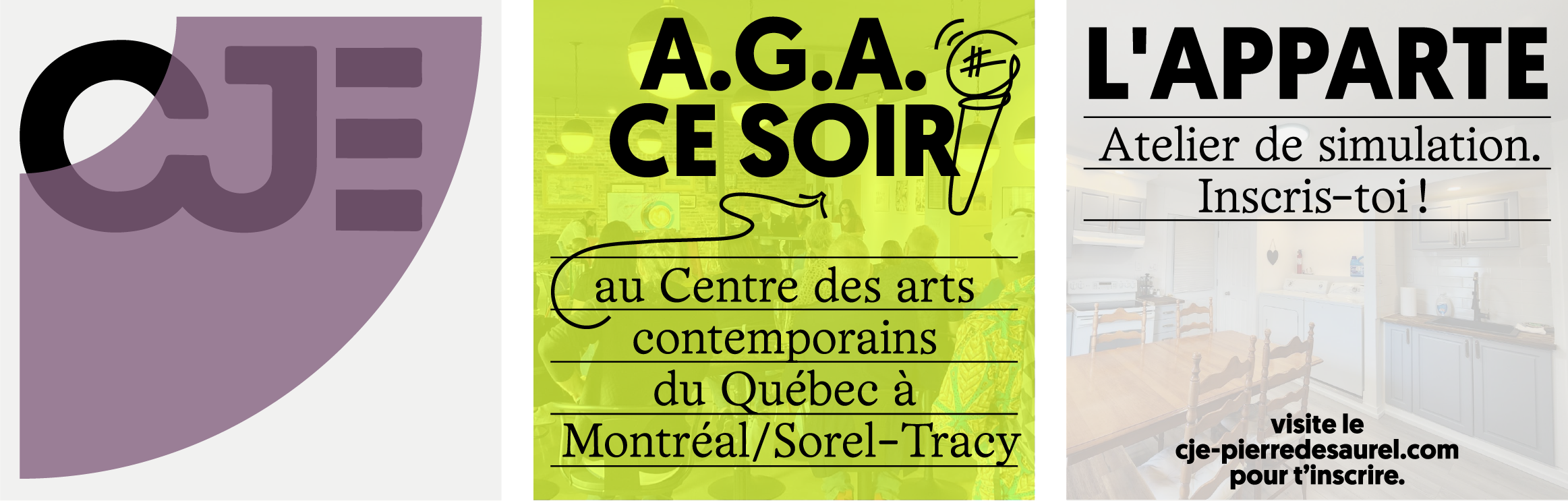 Mosaïque de publications du Carrefour Jeunesse Pierre-De Saurel, incluant des annonces d’événements, des initiatives communautaires et des offres d'emploi, illustrées avec le logo « CJE » et des éléments graphiques colorés.