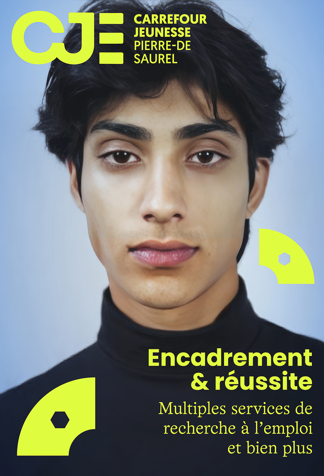 Portrait d'un jeune homme au regard confiant, accompagné du logo du Carrefour Jeunesse Pierre-De Saurel en jaune fluo et du texte « Encadrement & réussite – Multiples services de recherche à l’emploi et bien plus » sur fond bleu dégradé.