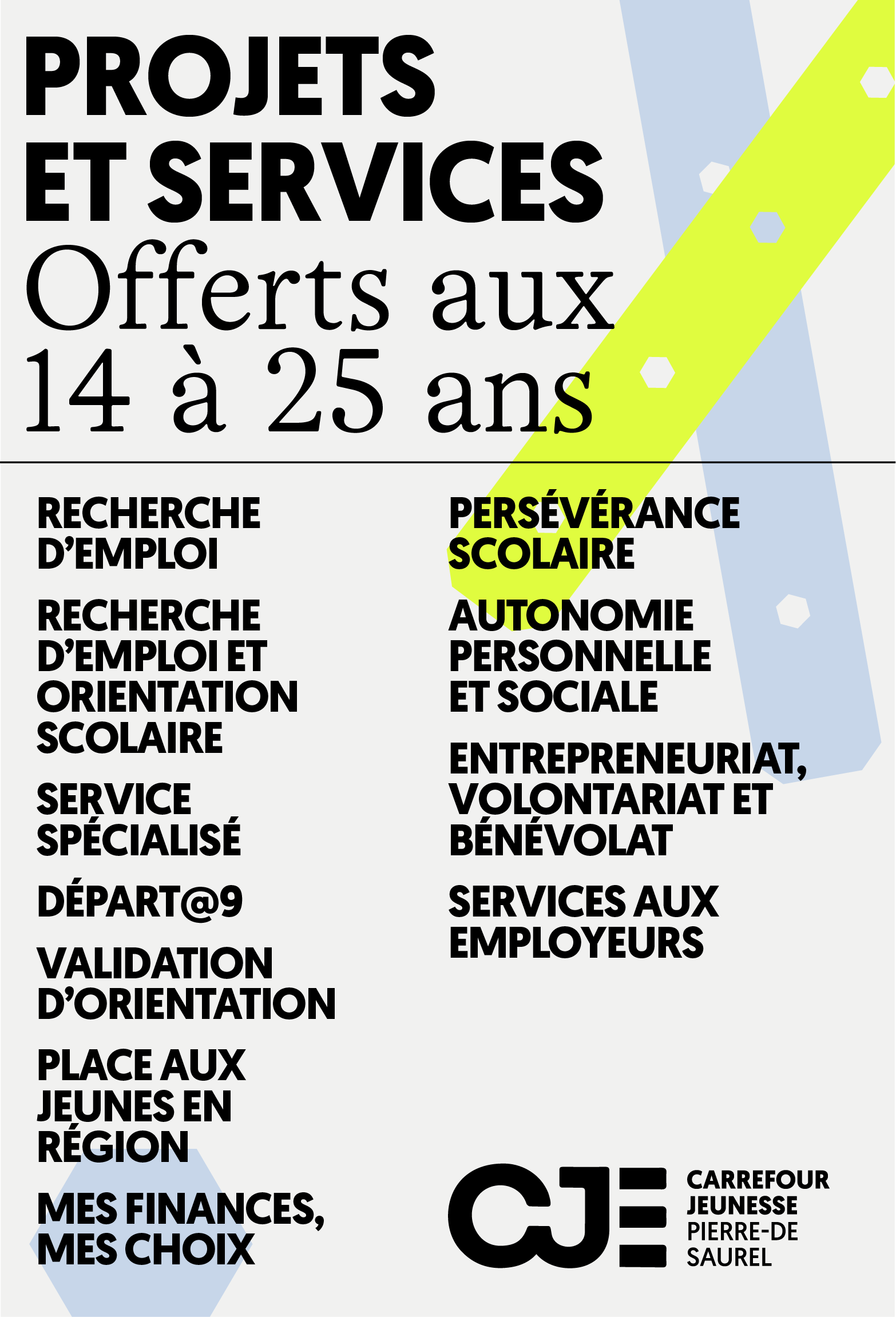 Affiche du Carrefour Jeunesse Pierre-De Saurel présentant les projets et services offerts aux jeunes de 14 à 25 ans, incluant la recherche d'emploi, l'orientation scolaire, l'entrepreneuriat et l'autonomie personnelle. Design structuré avec des accents graphiques en bleu et jaune fluo.