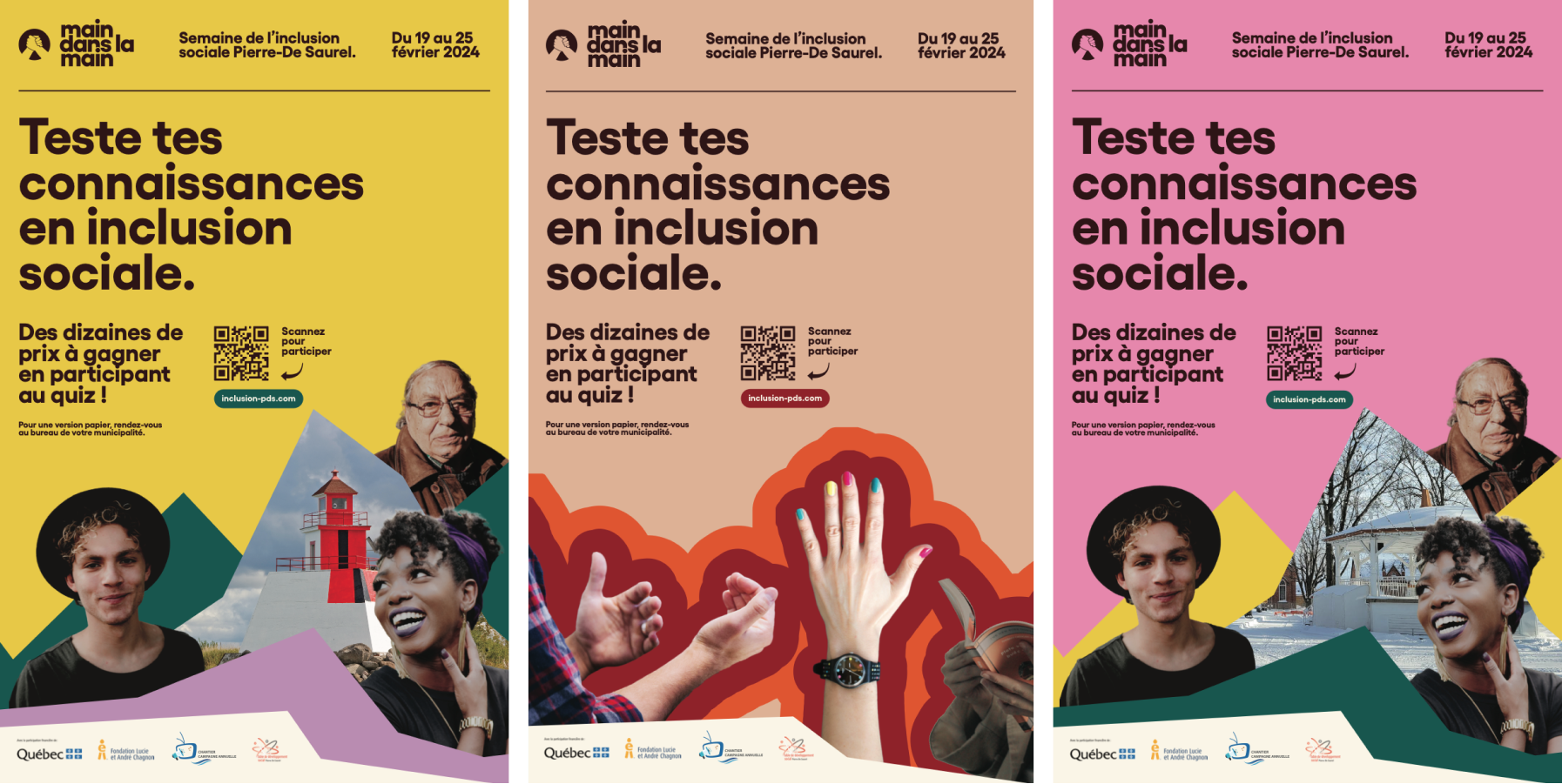 Les 3 affiches du quiz sur l'inclusion sociale de la campagne Main dans la main