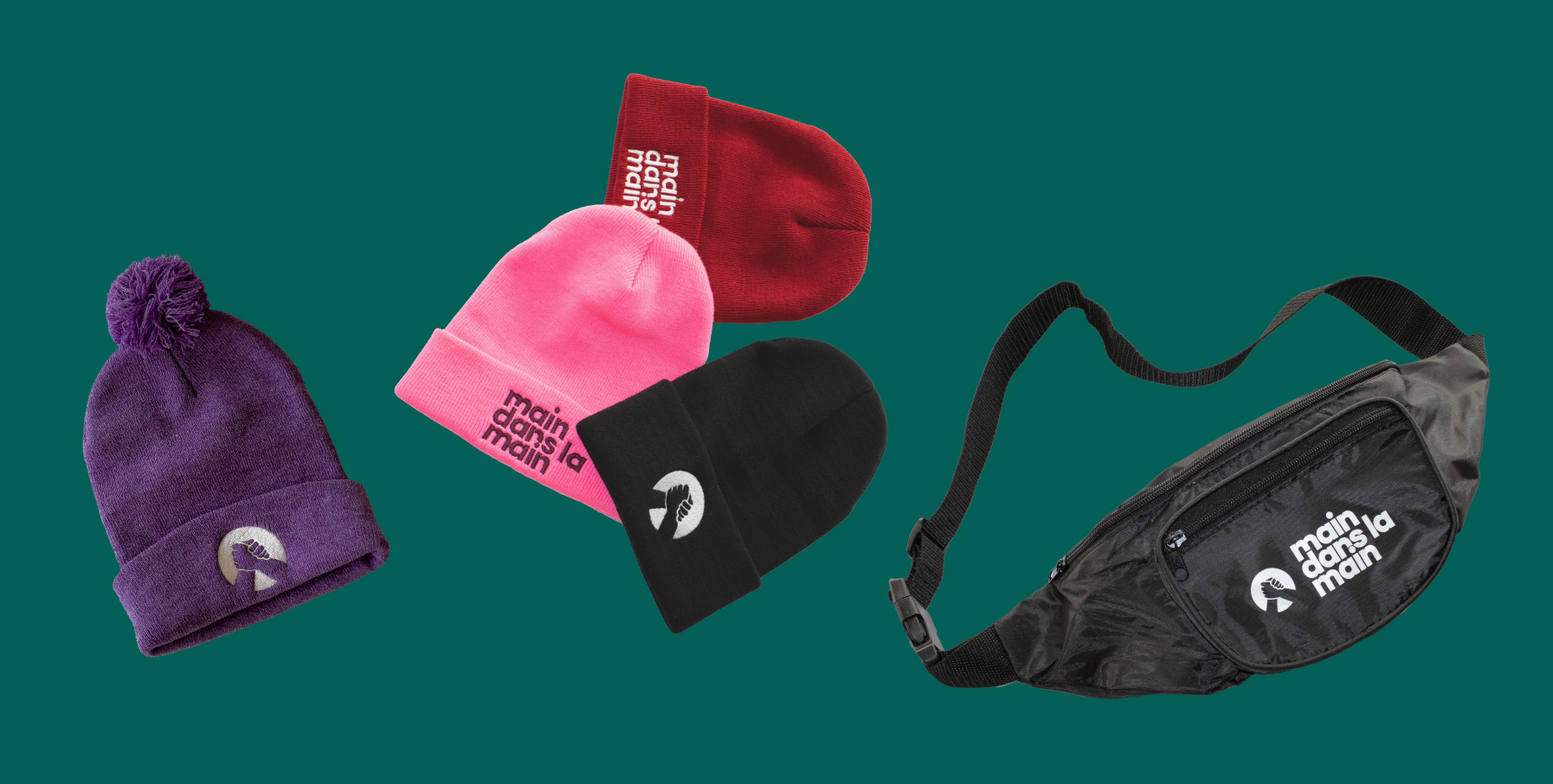 Les différentes tuques de couleurs et le sac banane avec le logo de la campagne Main dans la main