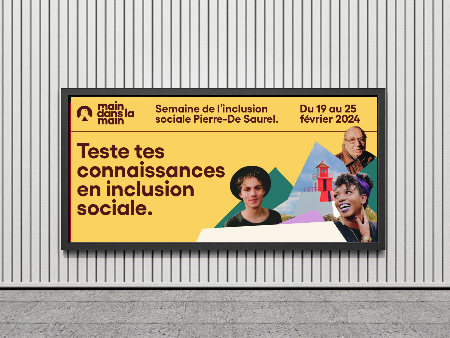 Exemple d'affichage sur un billboard de l'affiche du quiz de l'inclusion sociale de la campagne Main dans la main 